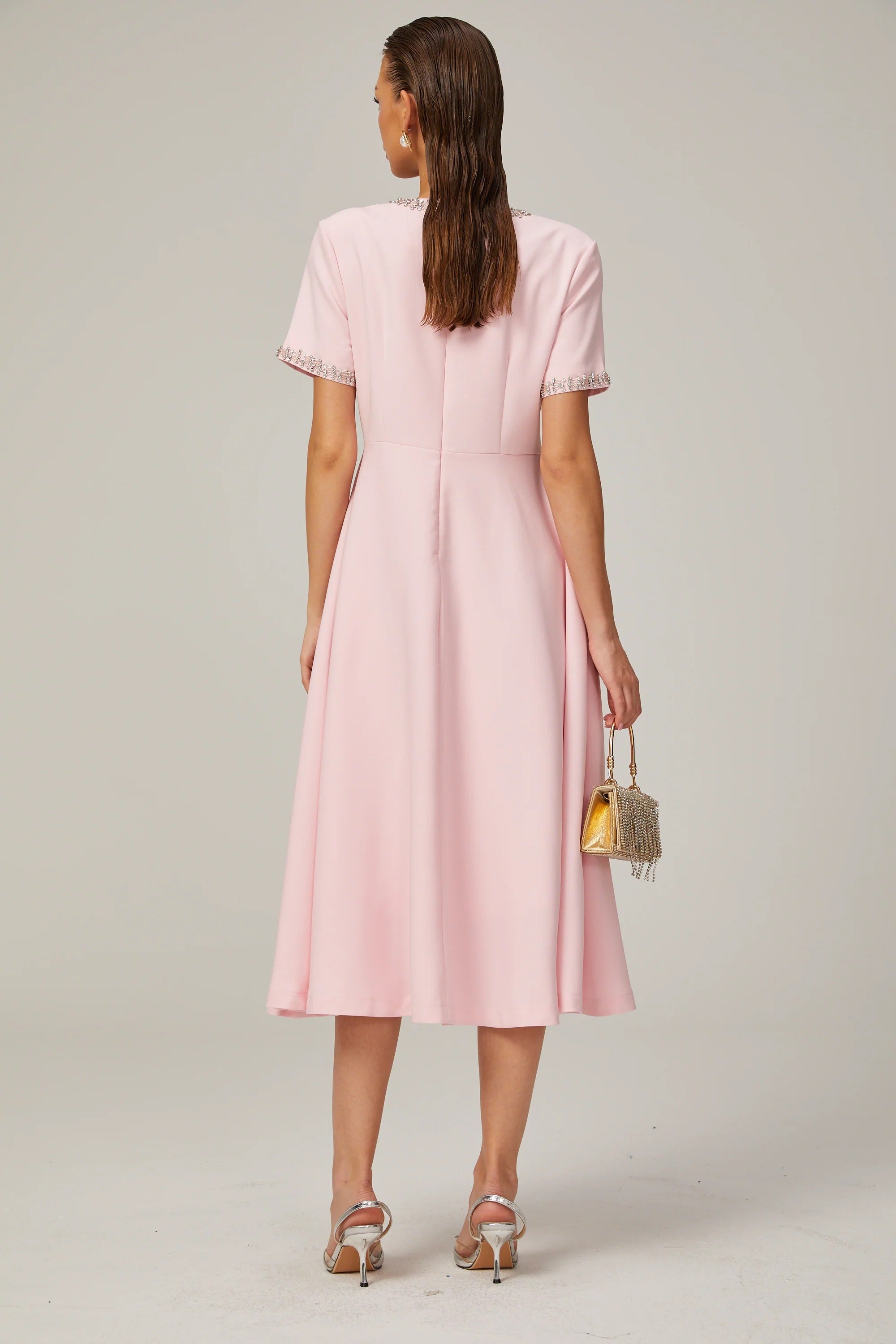 Cassiopeia Crystal-Accented Pink Bow Midi Dress