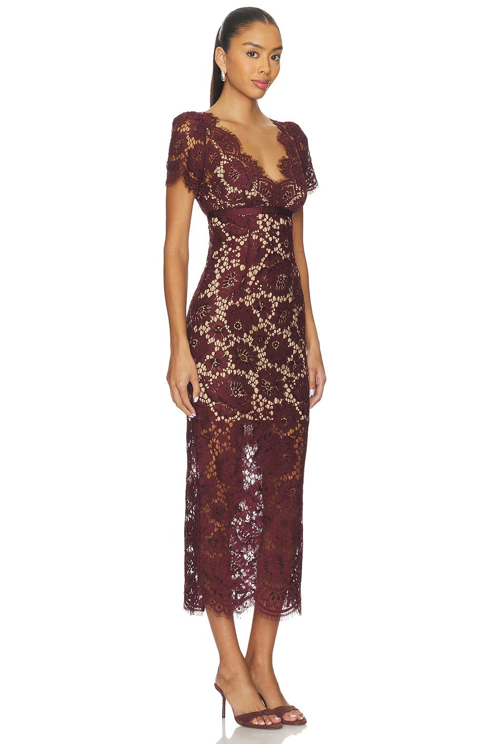 Brown Floral Lace Midi Dress