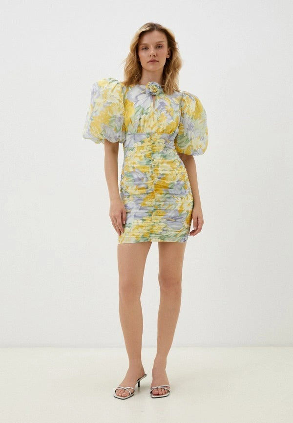 Floral Puff Sleeve Ruched Mini Dress