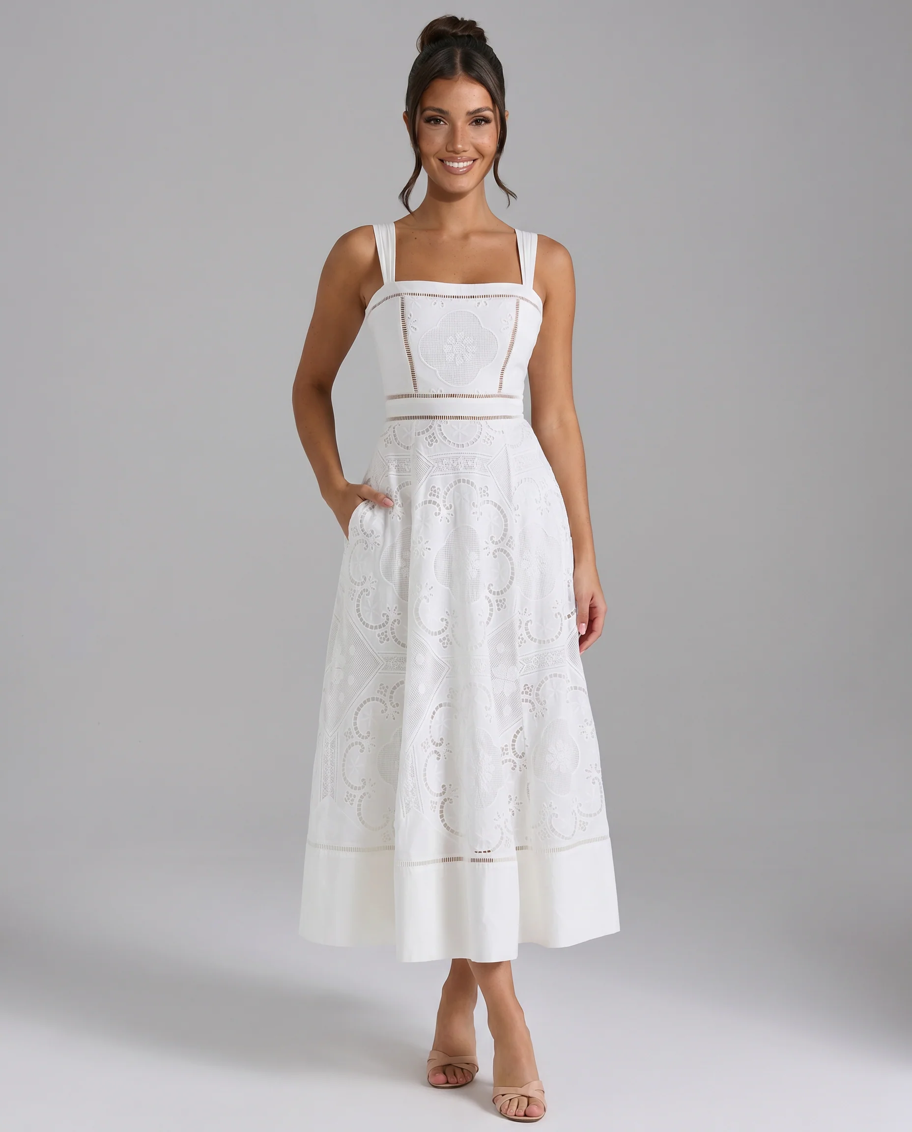 Clarabelle Midi Dress with Square Neck and Open Back