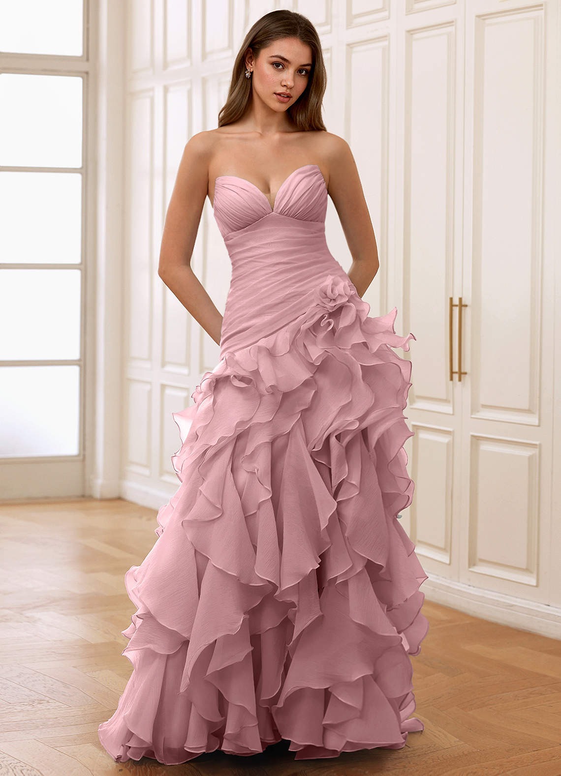 CHRISTABELLE DUSTY PINK SWEETHEART RUFFLED CHIFFON DRESS - Prom And Homecoming Dresses