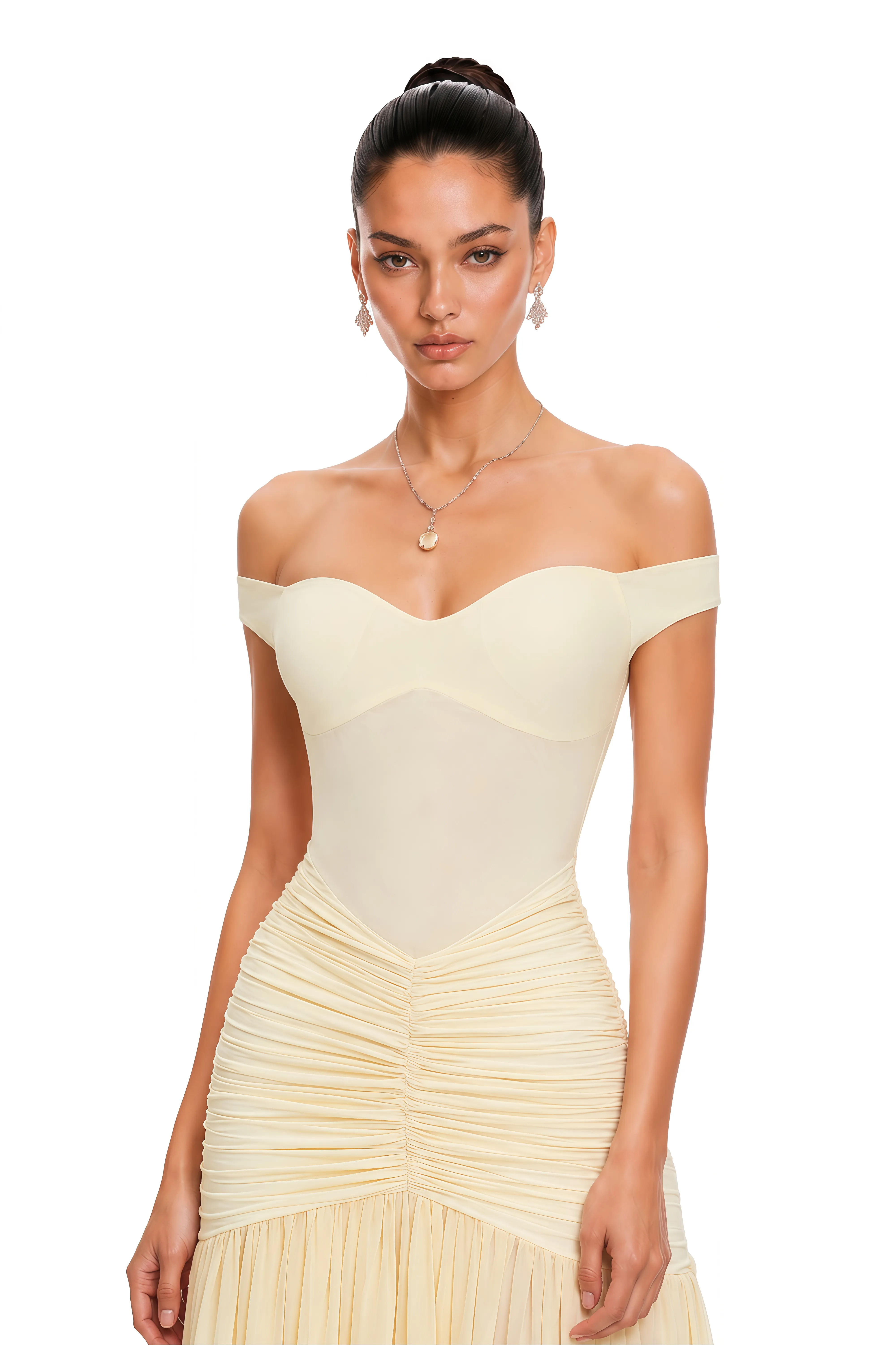 Genevieve’s long yellow dress with ruffled shoulders