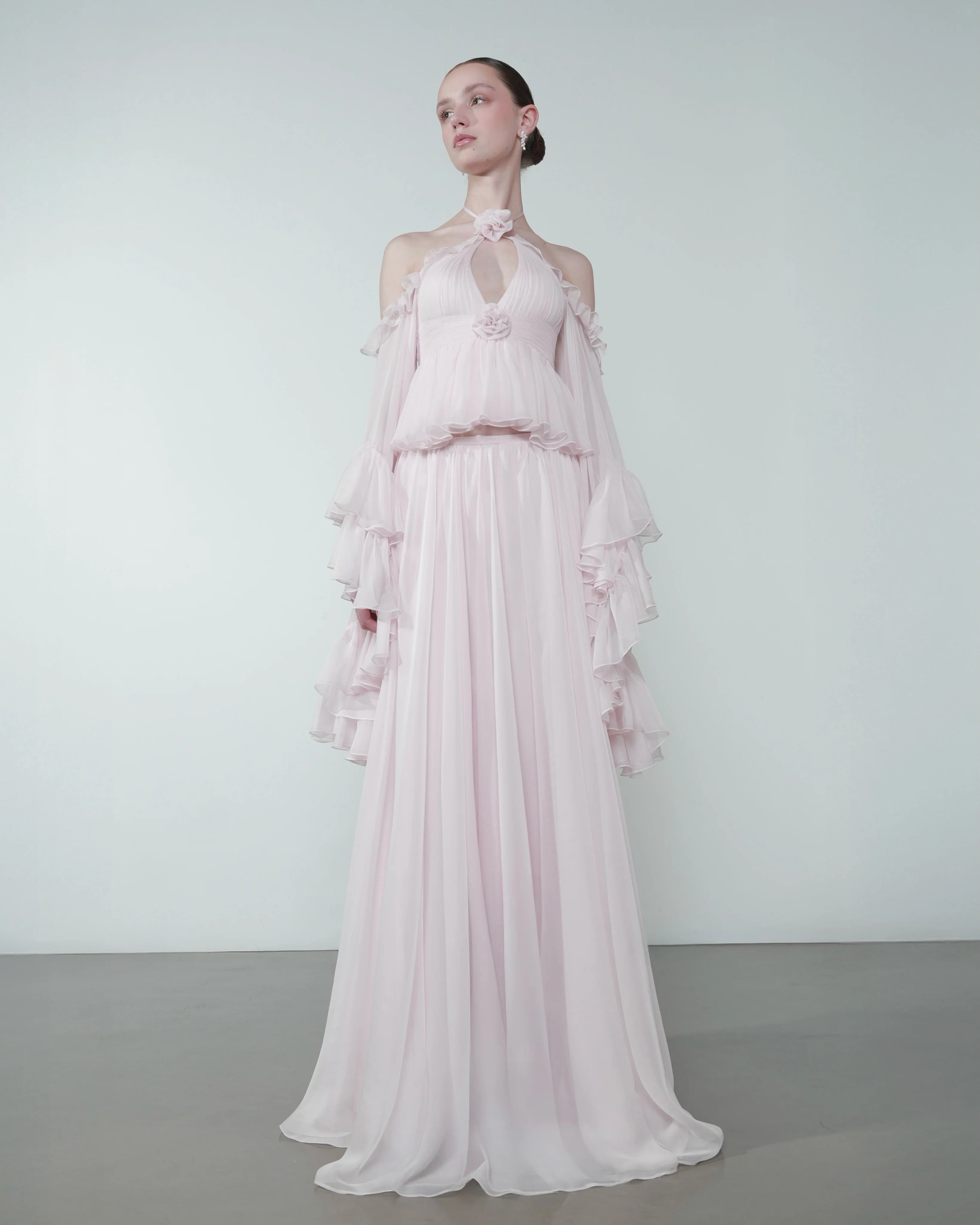 Elegant Pink Ruffled Halter 3D Floral Chiffon Evening Dress