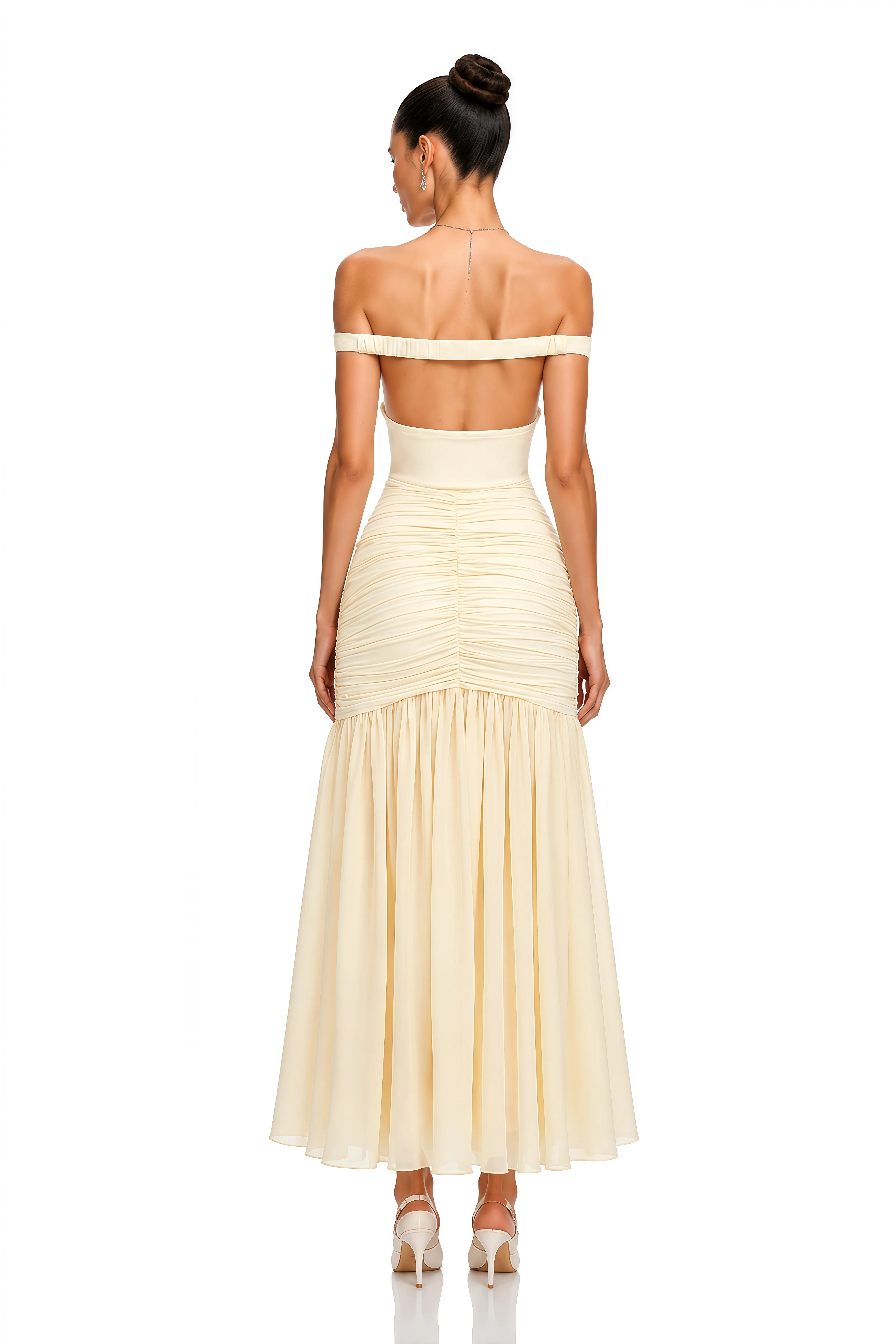 Genevieve’s long yellow dress with ruffled shoulders