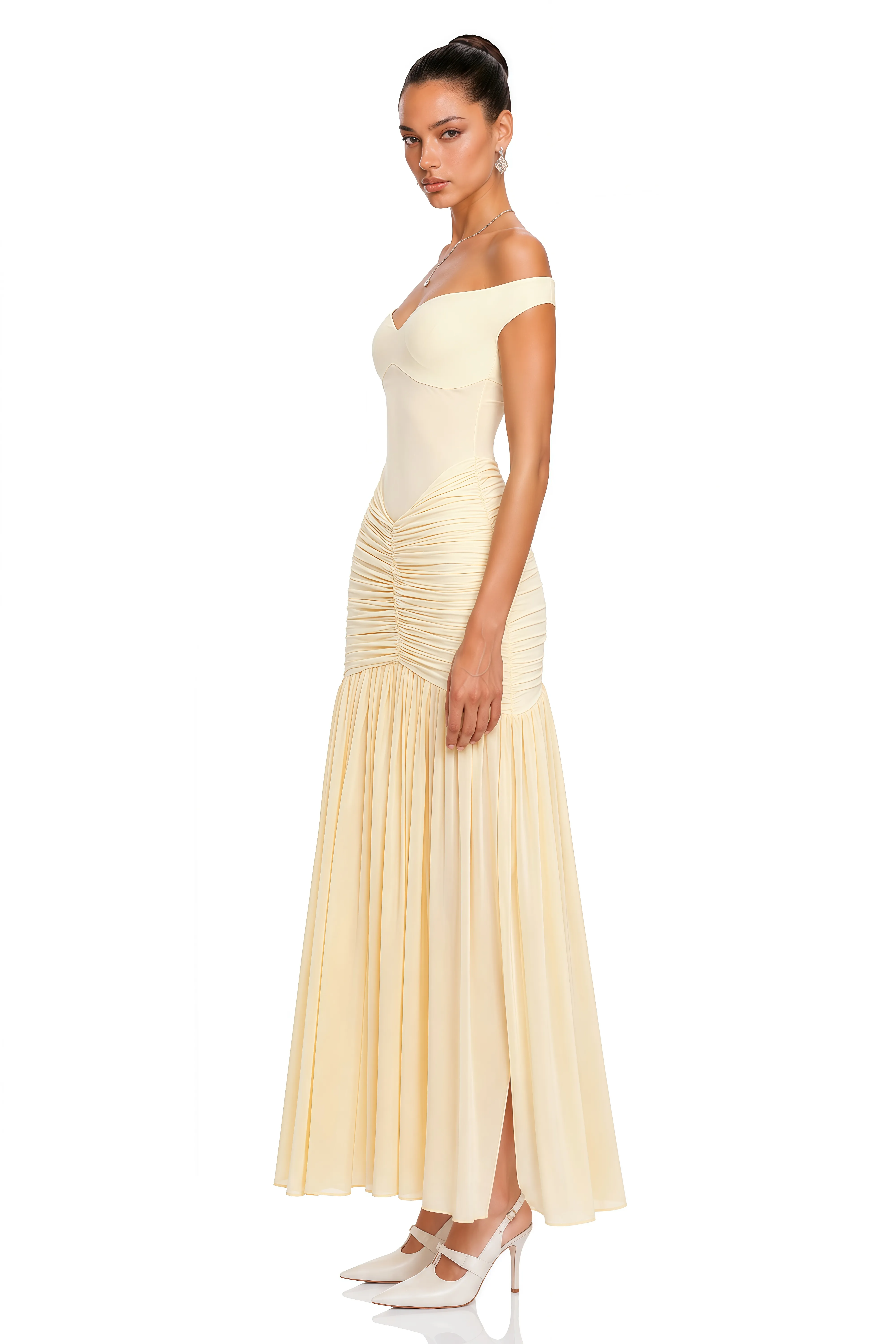 Genevieve’s long yellow dress with ruffled shoulders