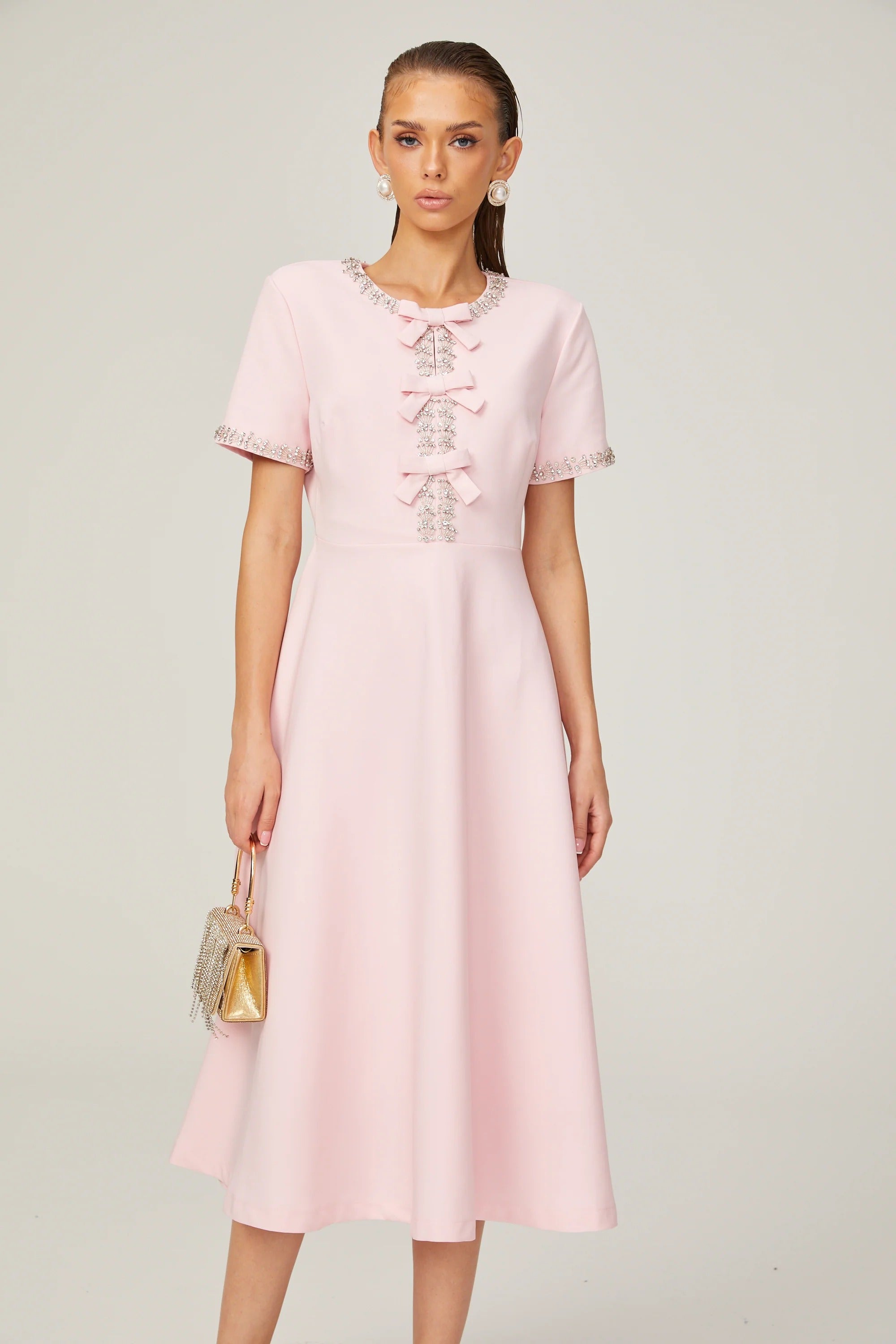 Cassiopeia Crystal-Accented Pink Bow Midi Dress
