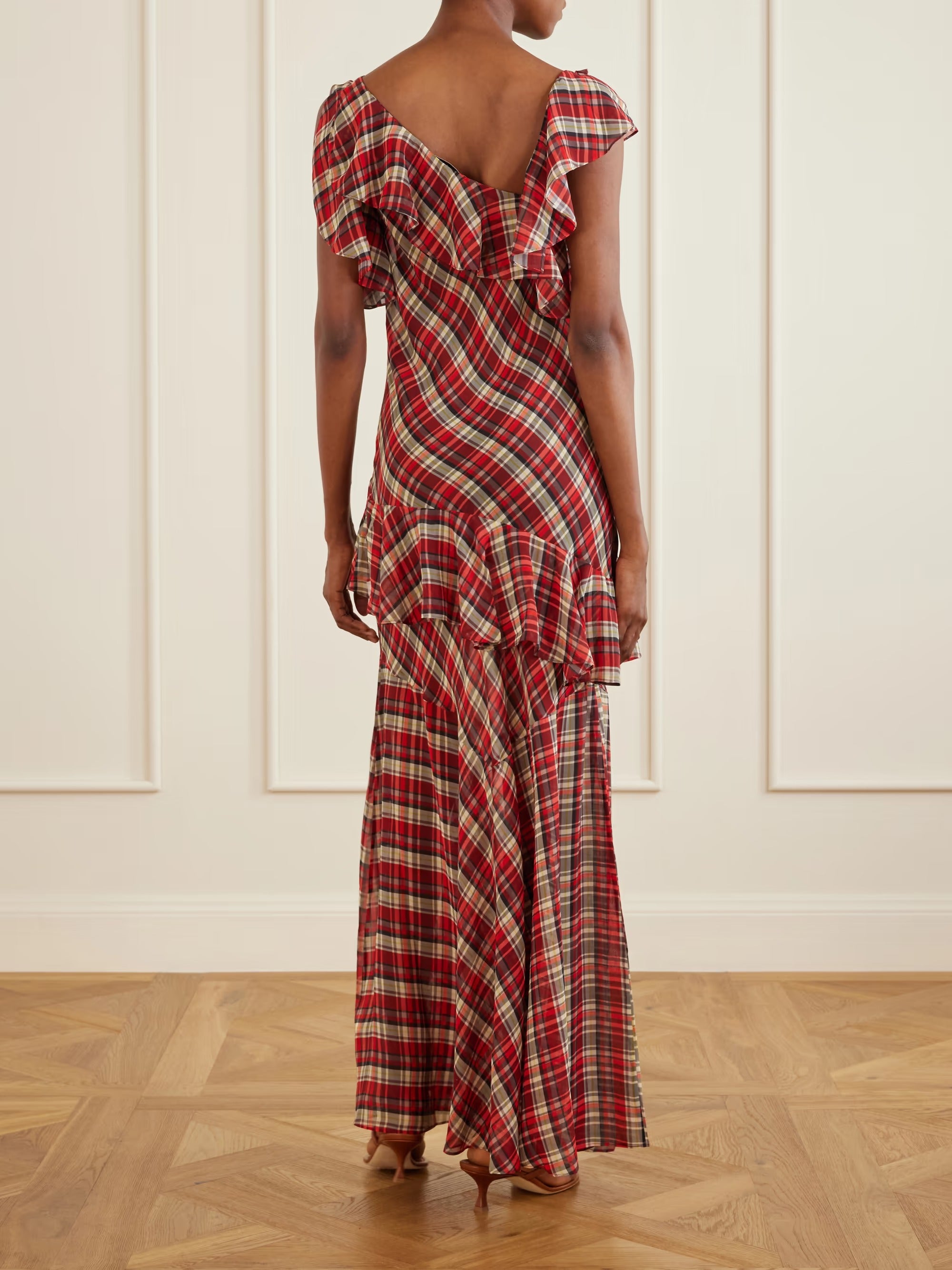DÔEN Fernanda ruffle tiered checked silk-satin maxi dress