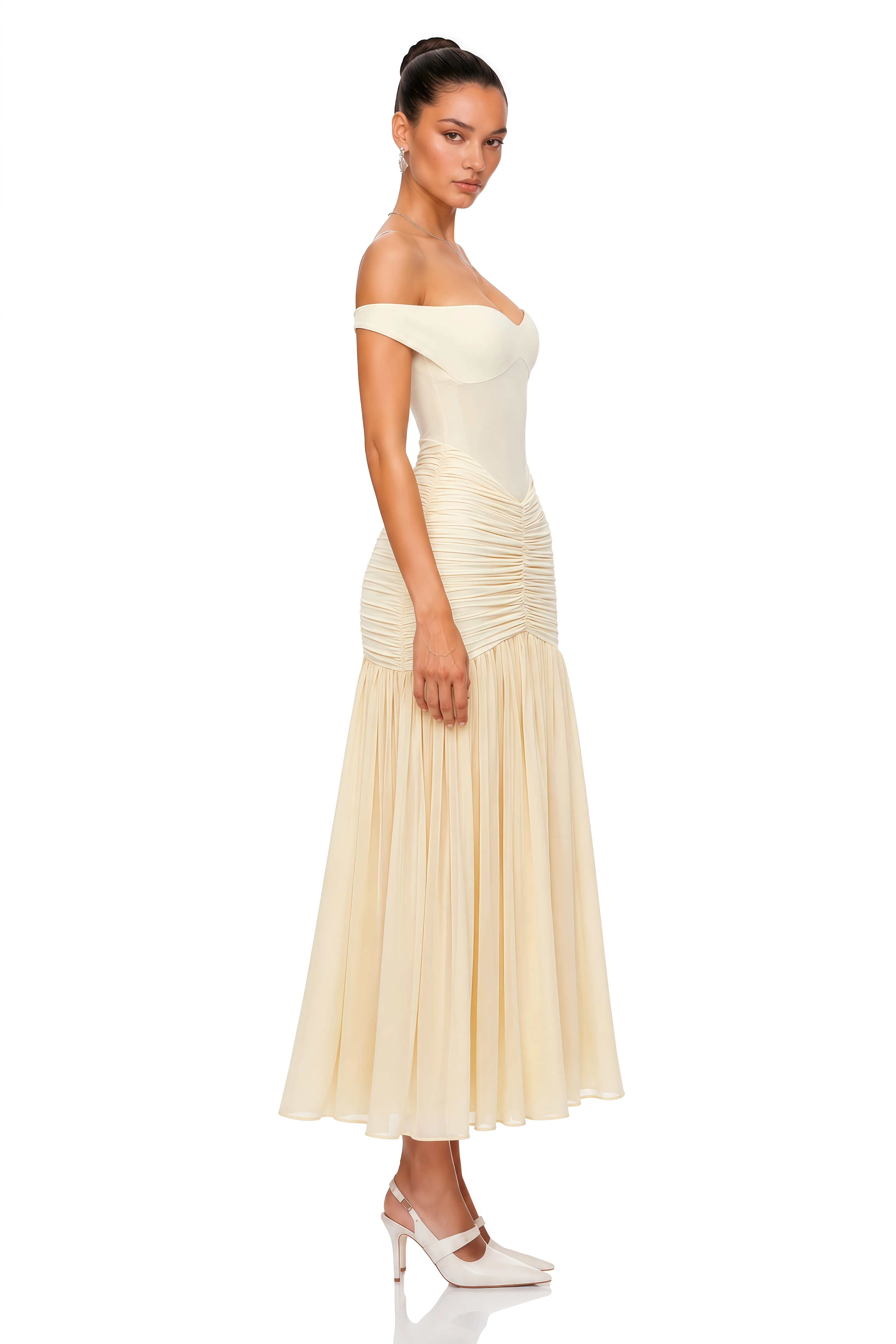 Genevieve’s long yellow dress with ruffled shoulders