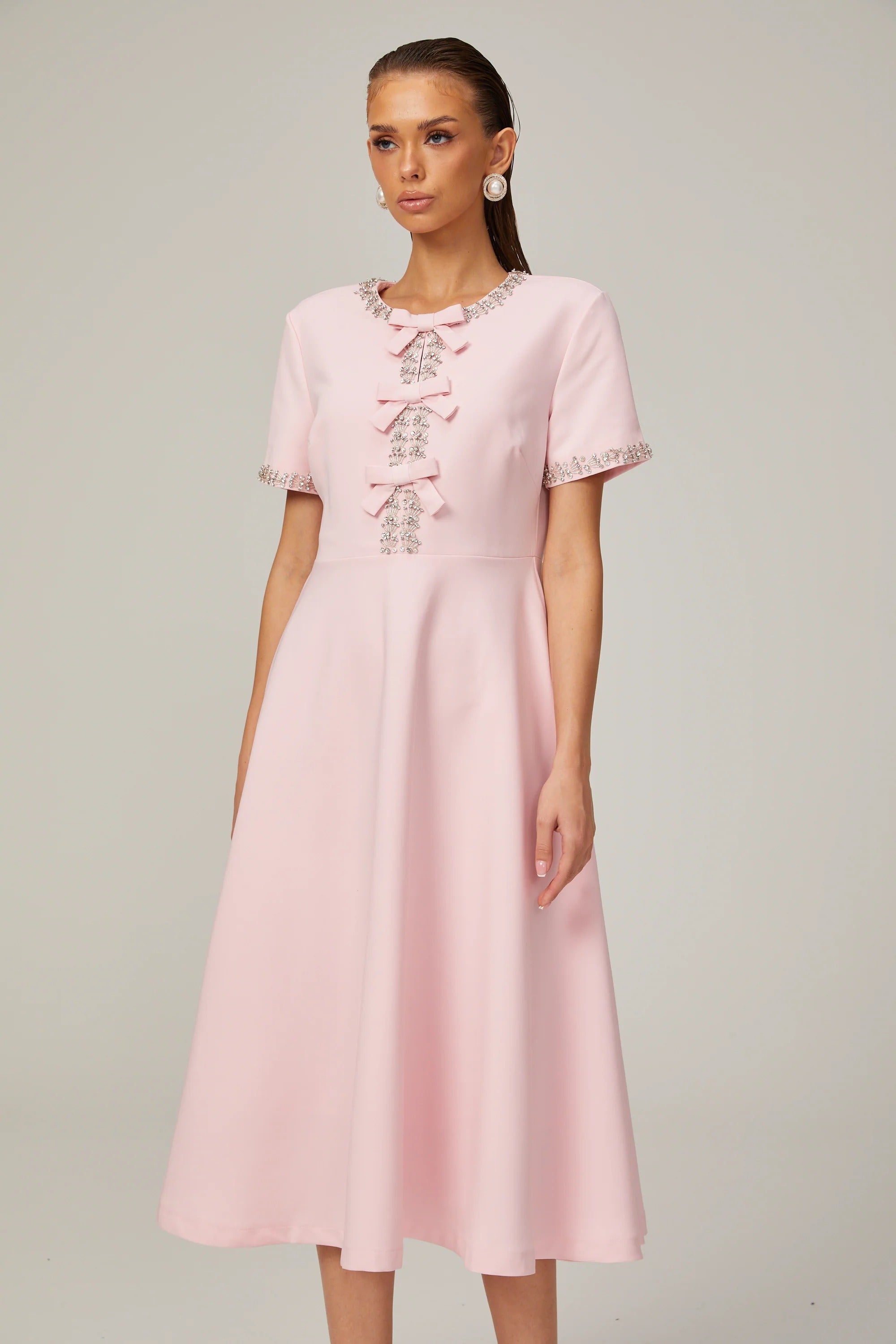 Cassiopeia Crystal-Accented Pink Bow Midi Dress