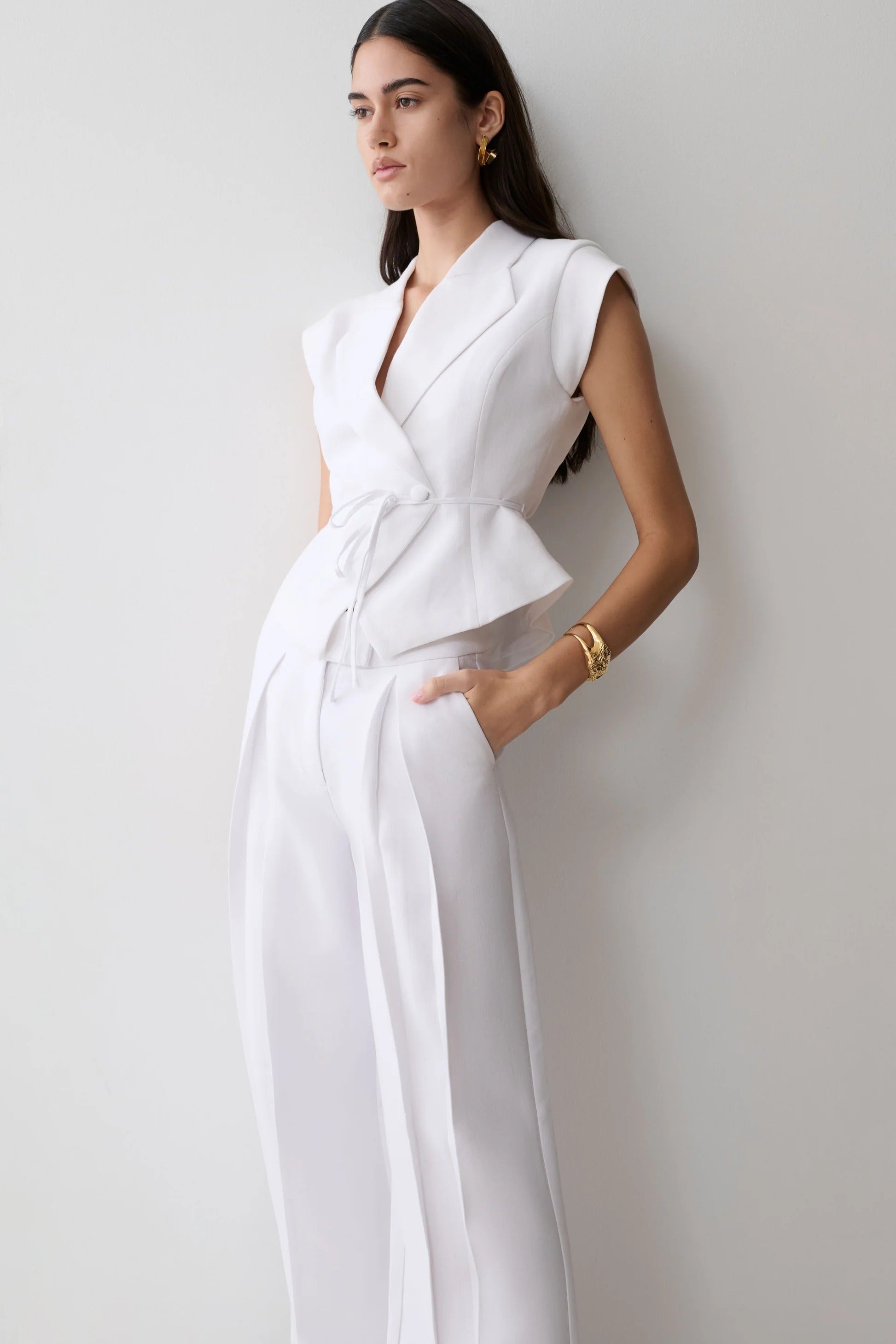 Raya Mid Rise Wide Leg Linen Pant - White
