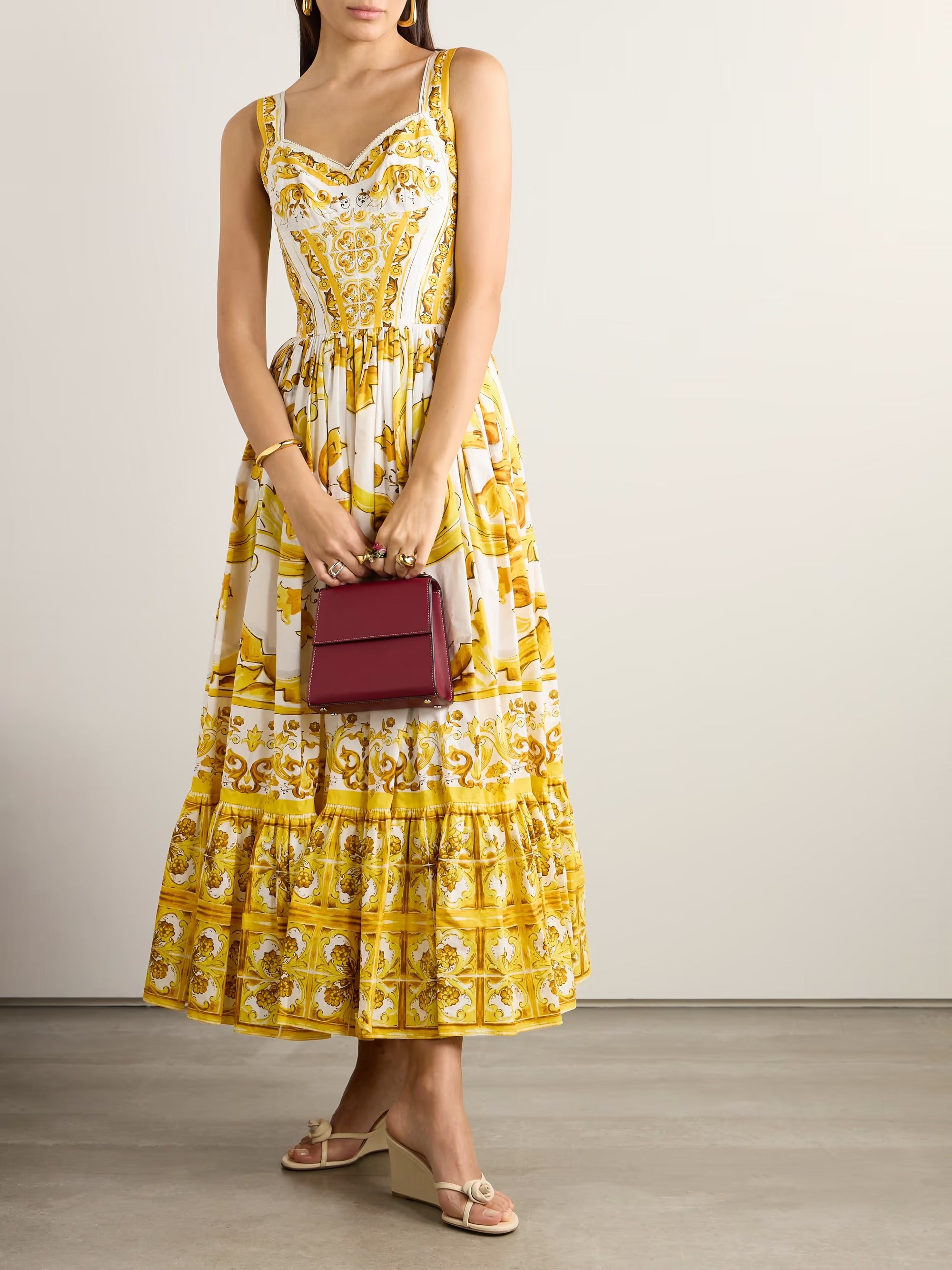 DOLCE&GABBANA Maiolica pleated printed cotton-poplin midi dress | NET-A-PORTER