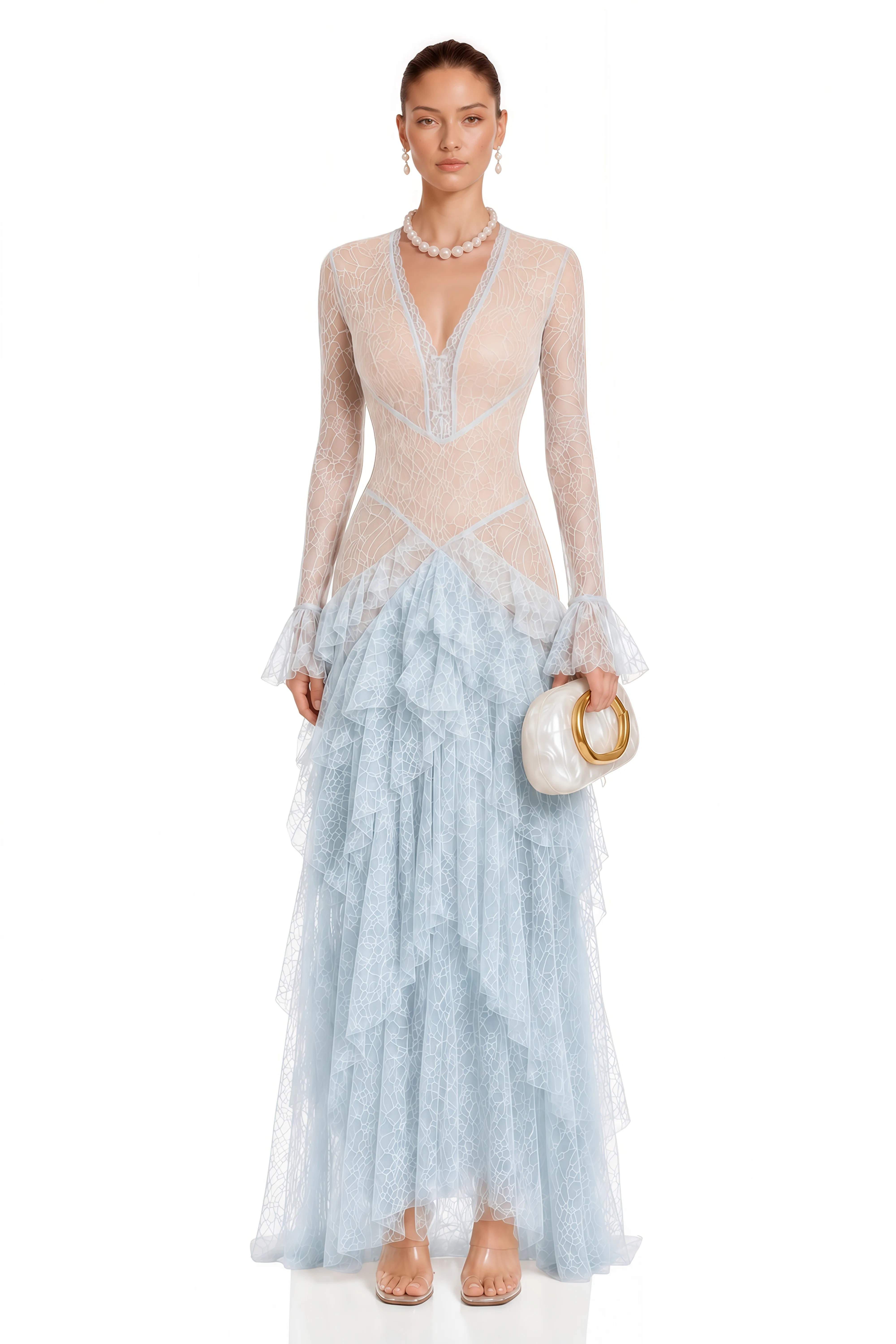 Humayma Blue Lace Tiered Midi Dress