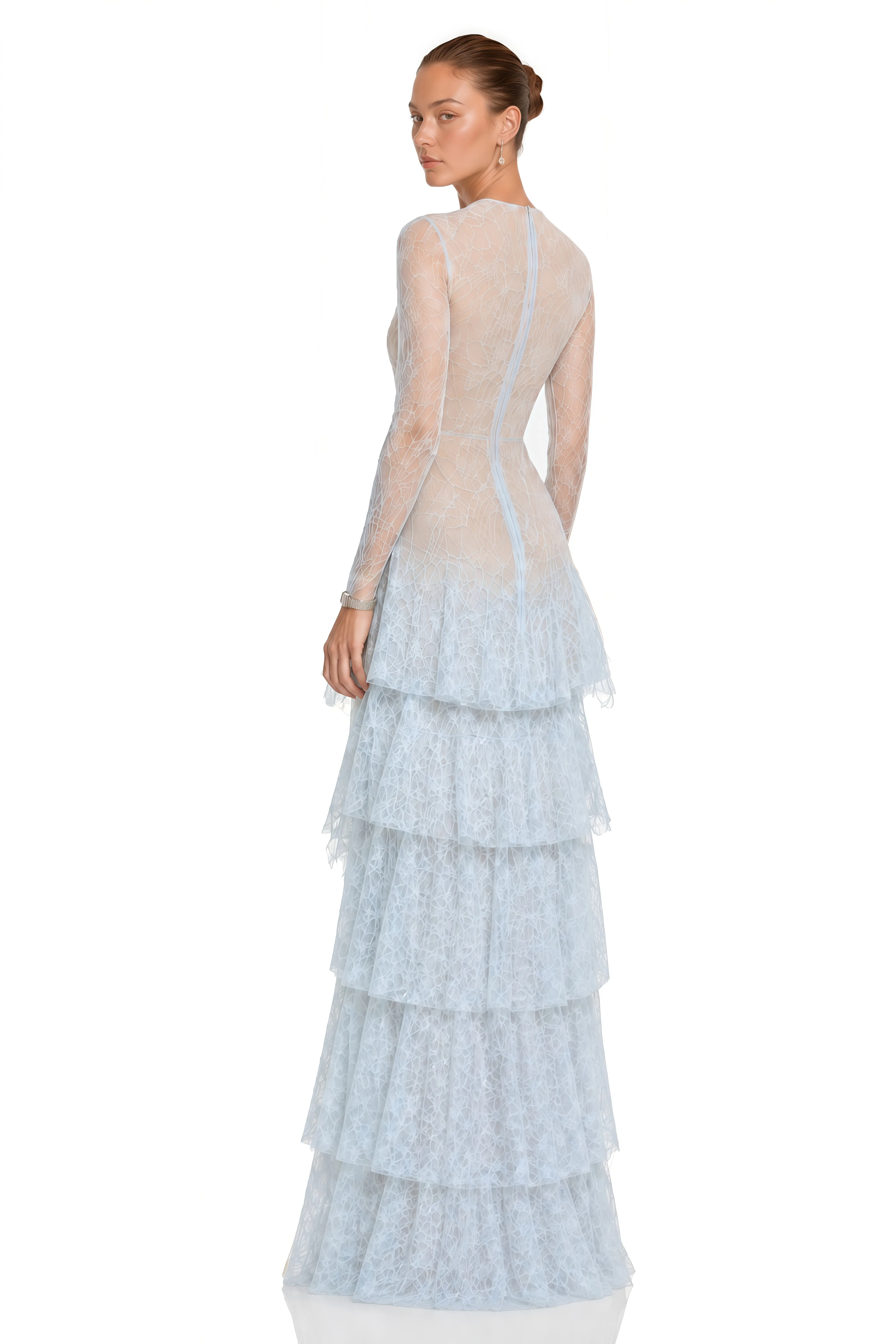 Humayma Blue Lace Tiered Midi Dress