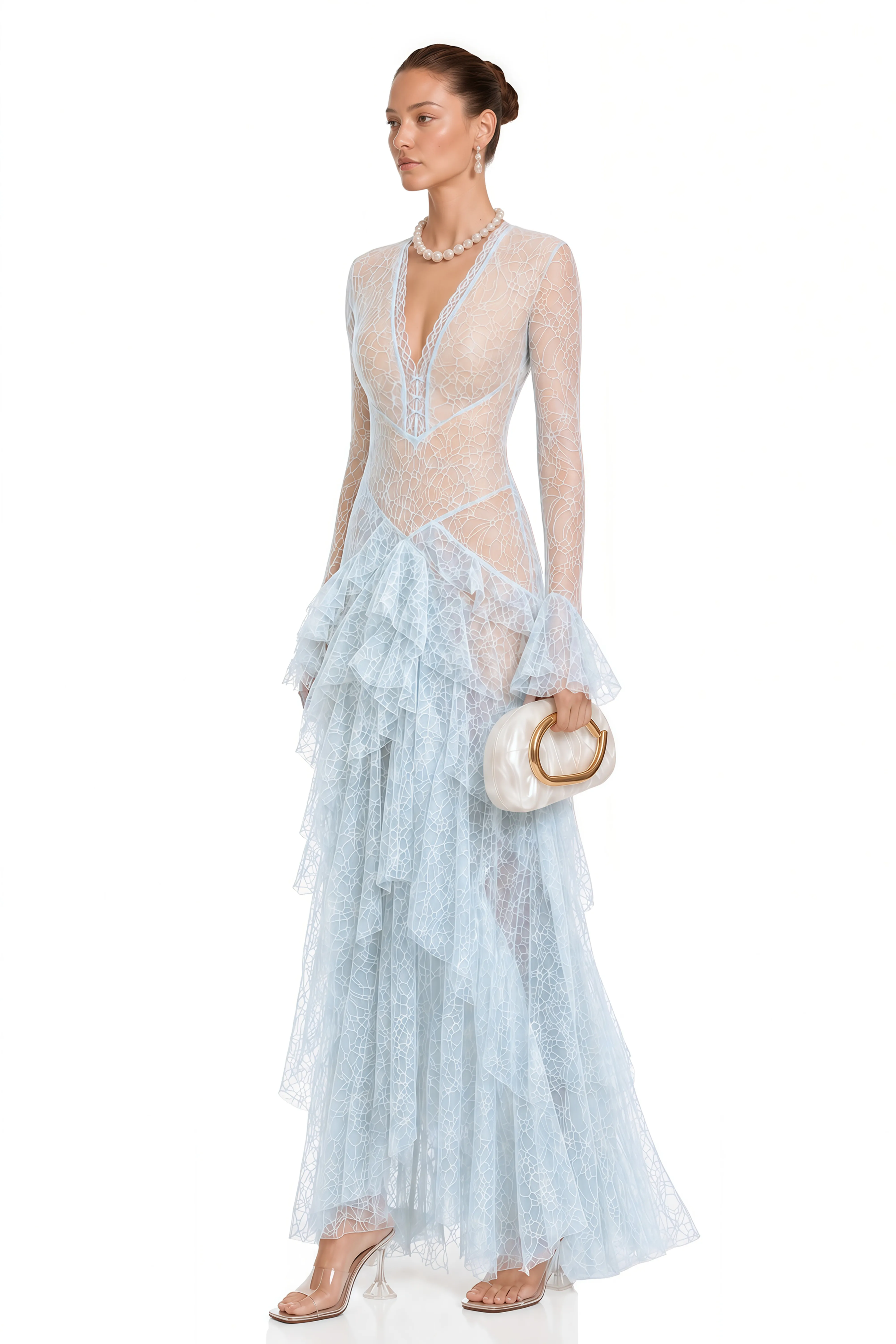 Humayma Blue Lace Tiered Midi Dress