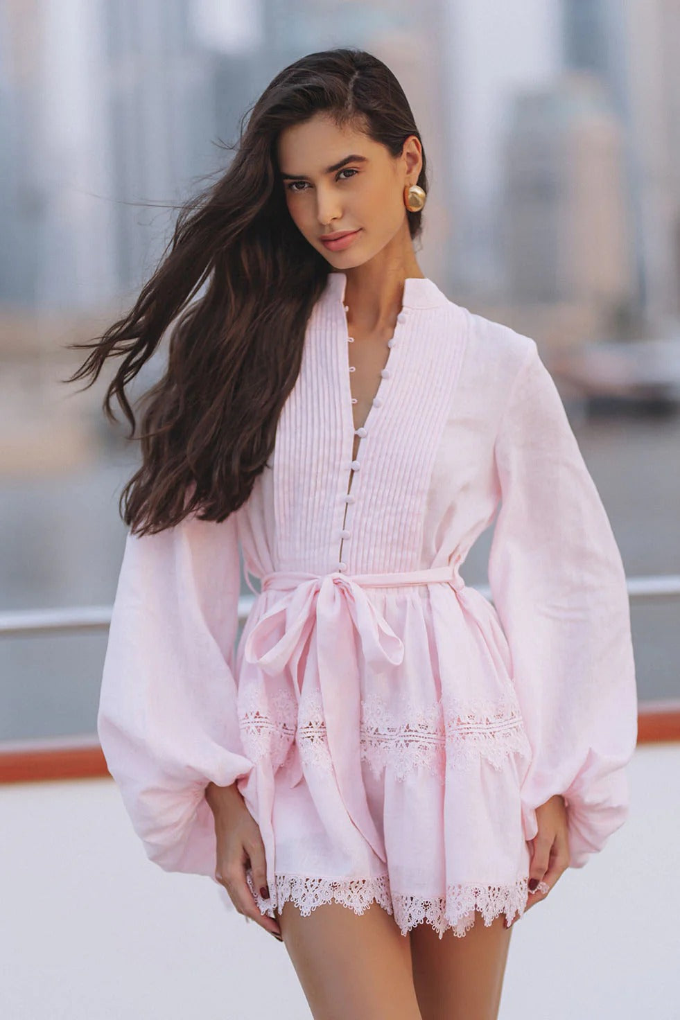 AURELIE LACE TRIM LINEN MINI DRESS - PINK