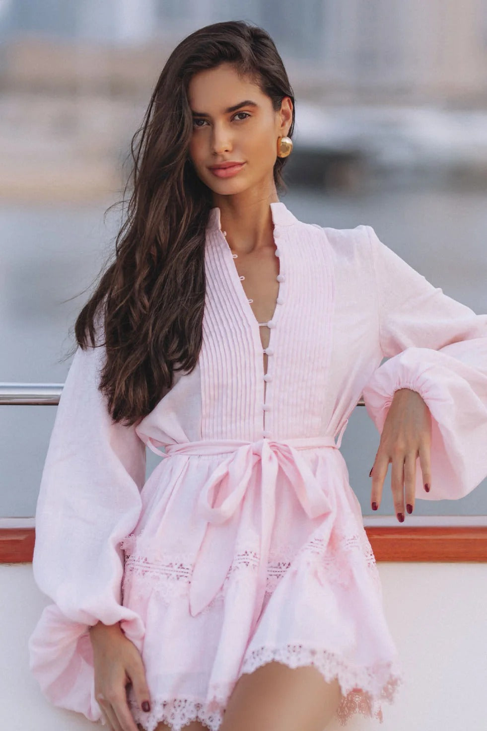 AURELIE LACE TRIM LINEN MINI DRESS - PINK