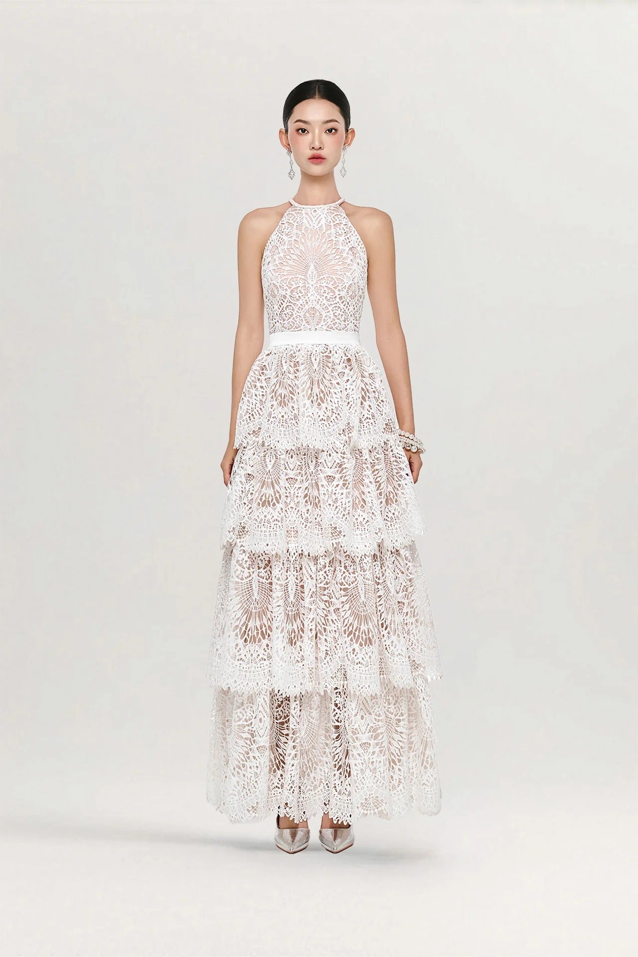 Beatrice Ivory Tiered Halter Gown