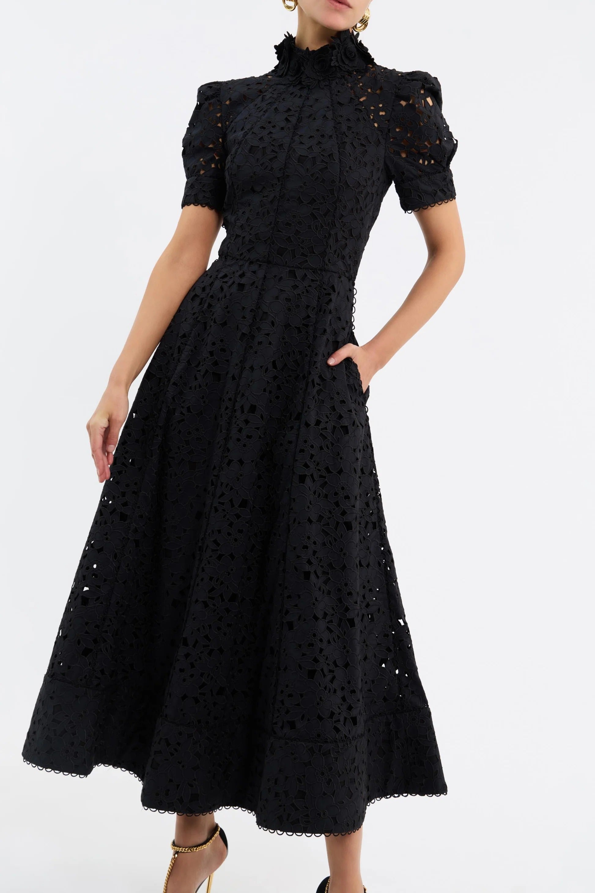 Kitsu Short Sleeve Black Midi Dress