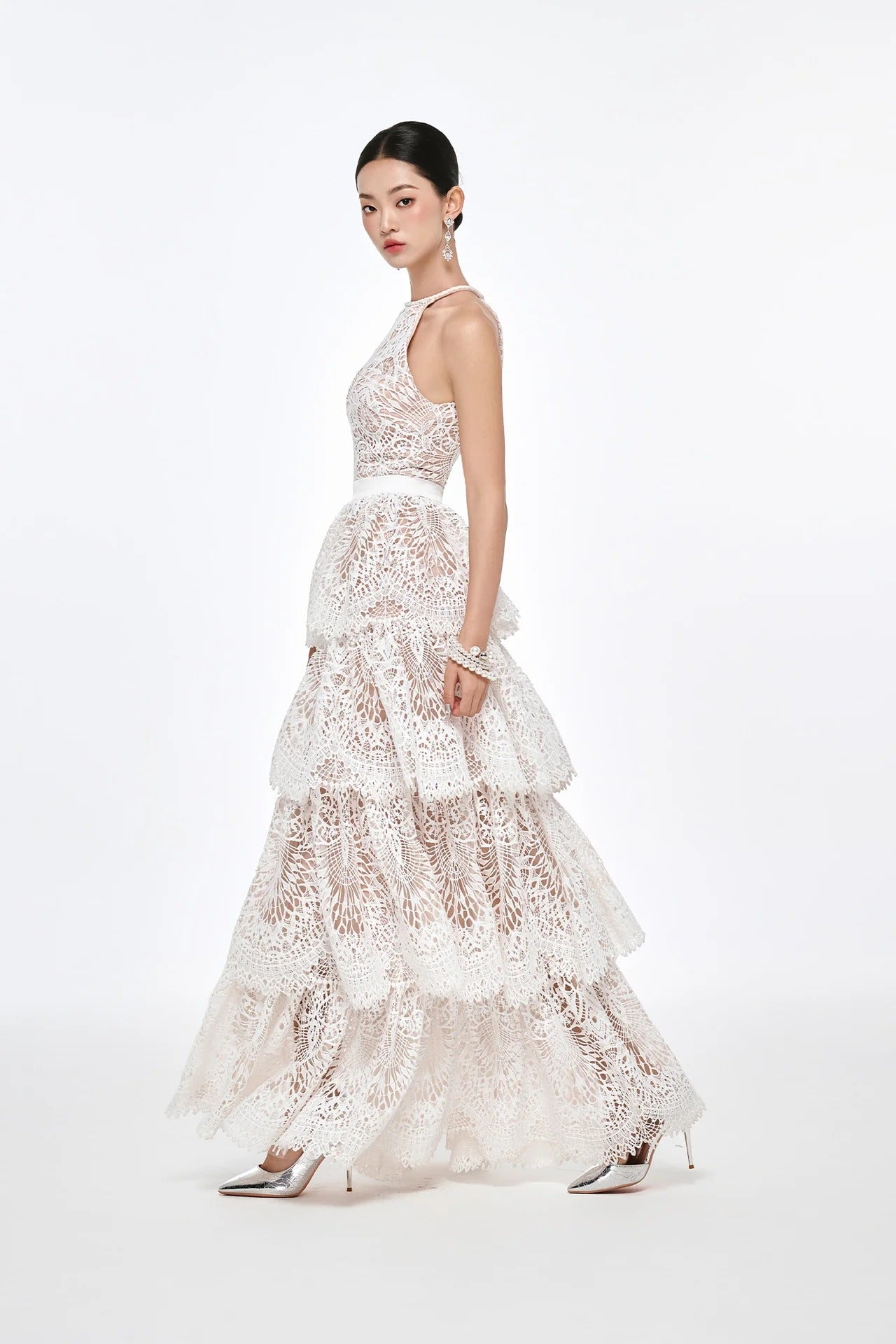 Beatrice Ivory Tiered Halter Gown