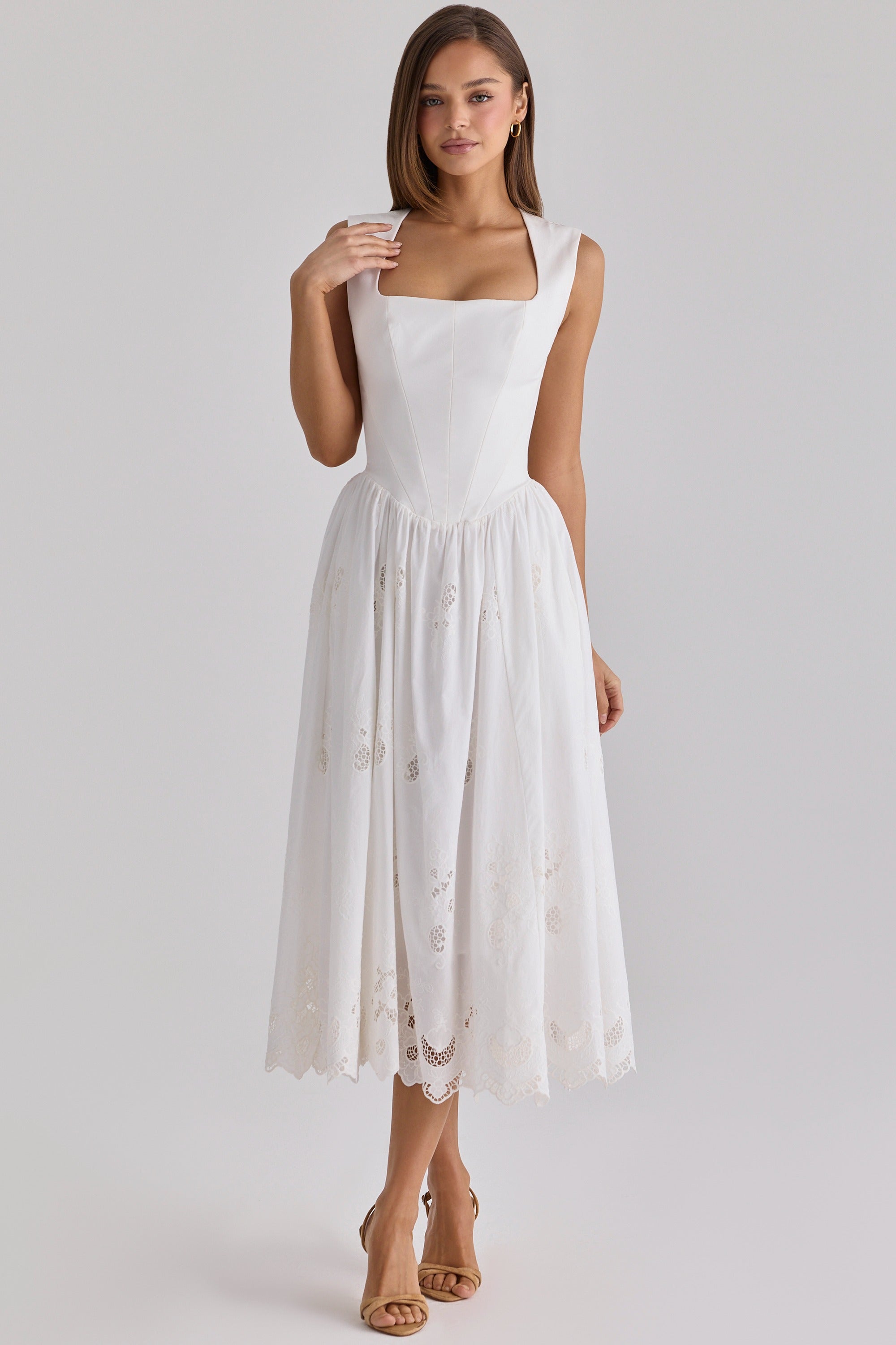 Safira White Floral Broderie Anglaise Cotton Midi Dress