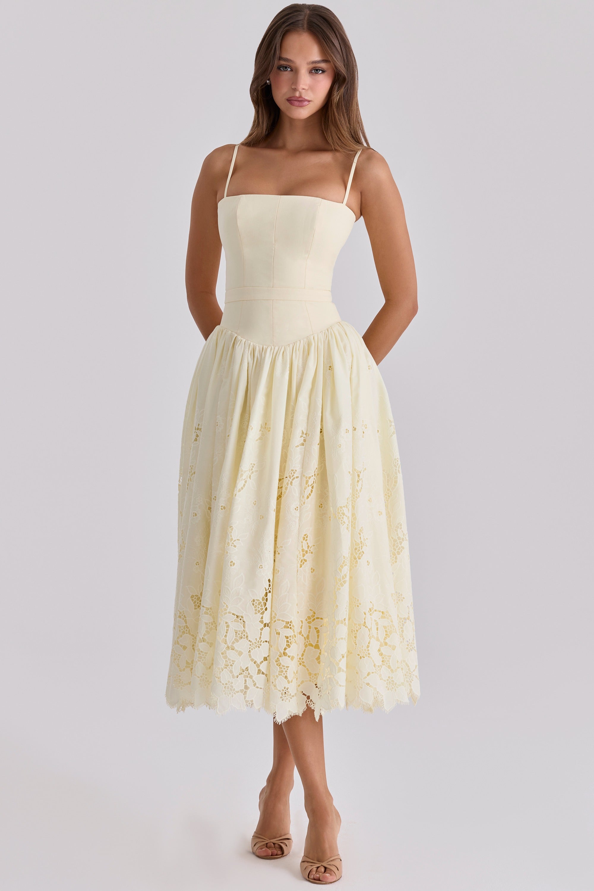 Ysabella Lemon Custom Lace Broderie Anglaise Midi Sundress