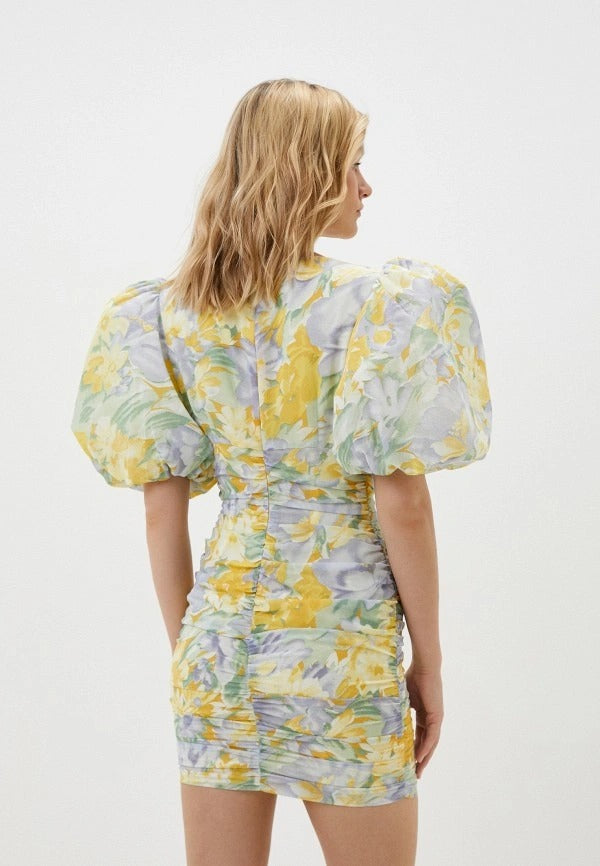 Floral Puff Sleeve Ruched Mini Dress