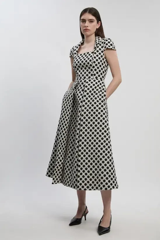KarenMillen Spot Jacquard Square Neck Tailored Full Skirted Midi Dress