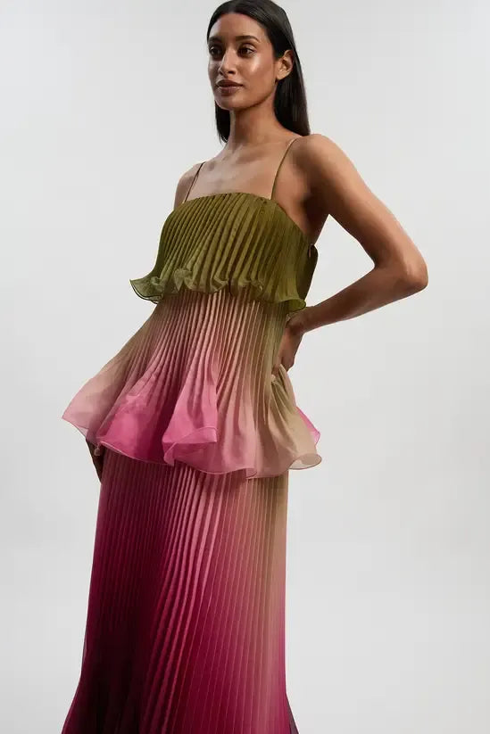 KarenMillen Pleated Slub Organdie Peplum Woven Maxi Dress