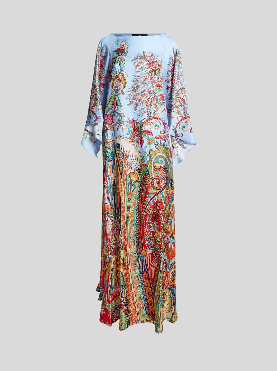 LONG TWILL DRESS WITH PLACED PAISLEY FOLIAGE PRINT