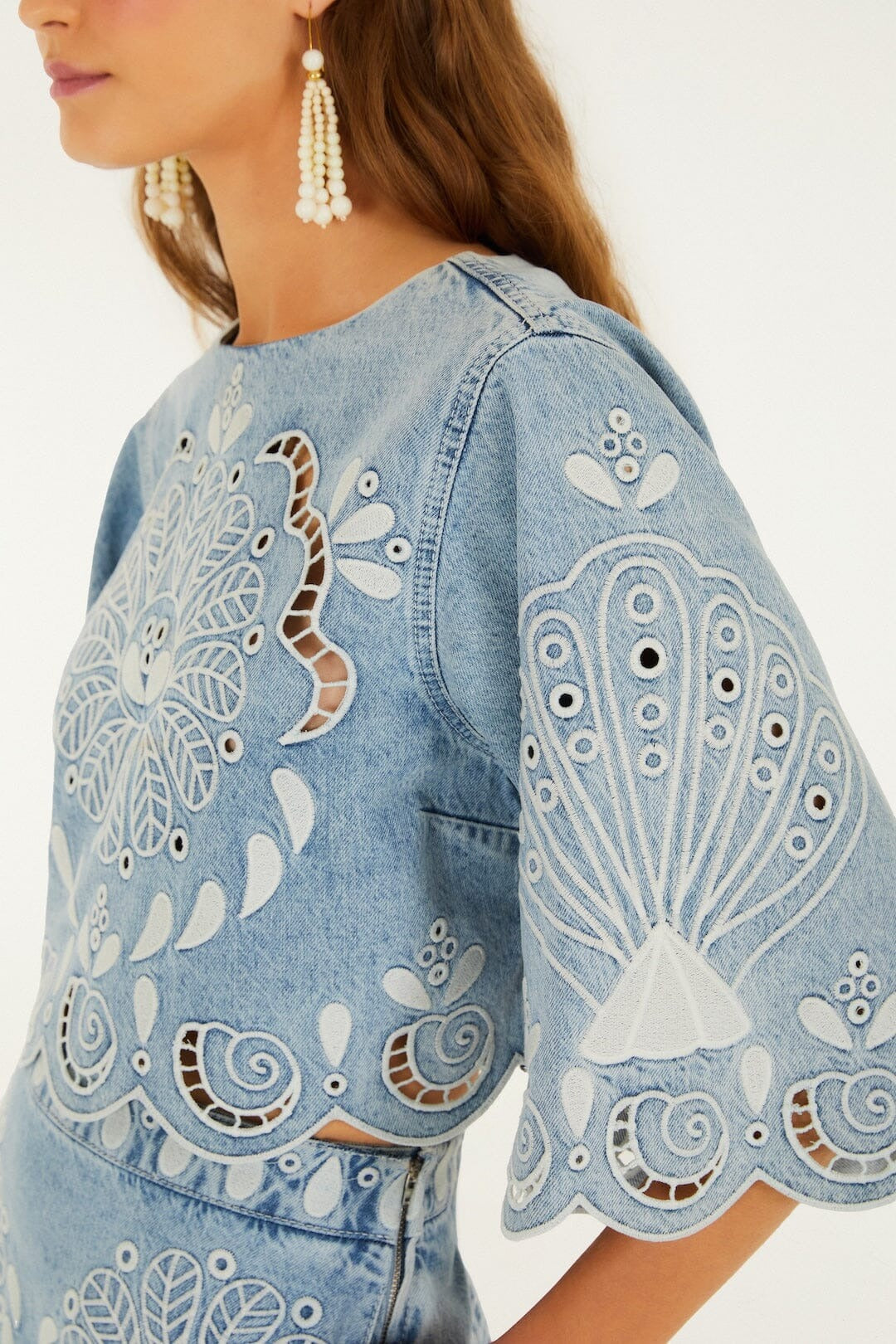 Denim Richelieu Kimono Sleeves Cropped Blouse & Wavy Hem Midi Skirt Set