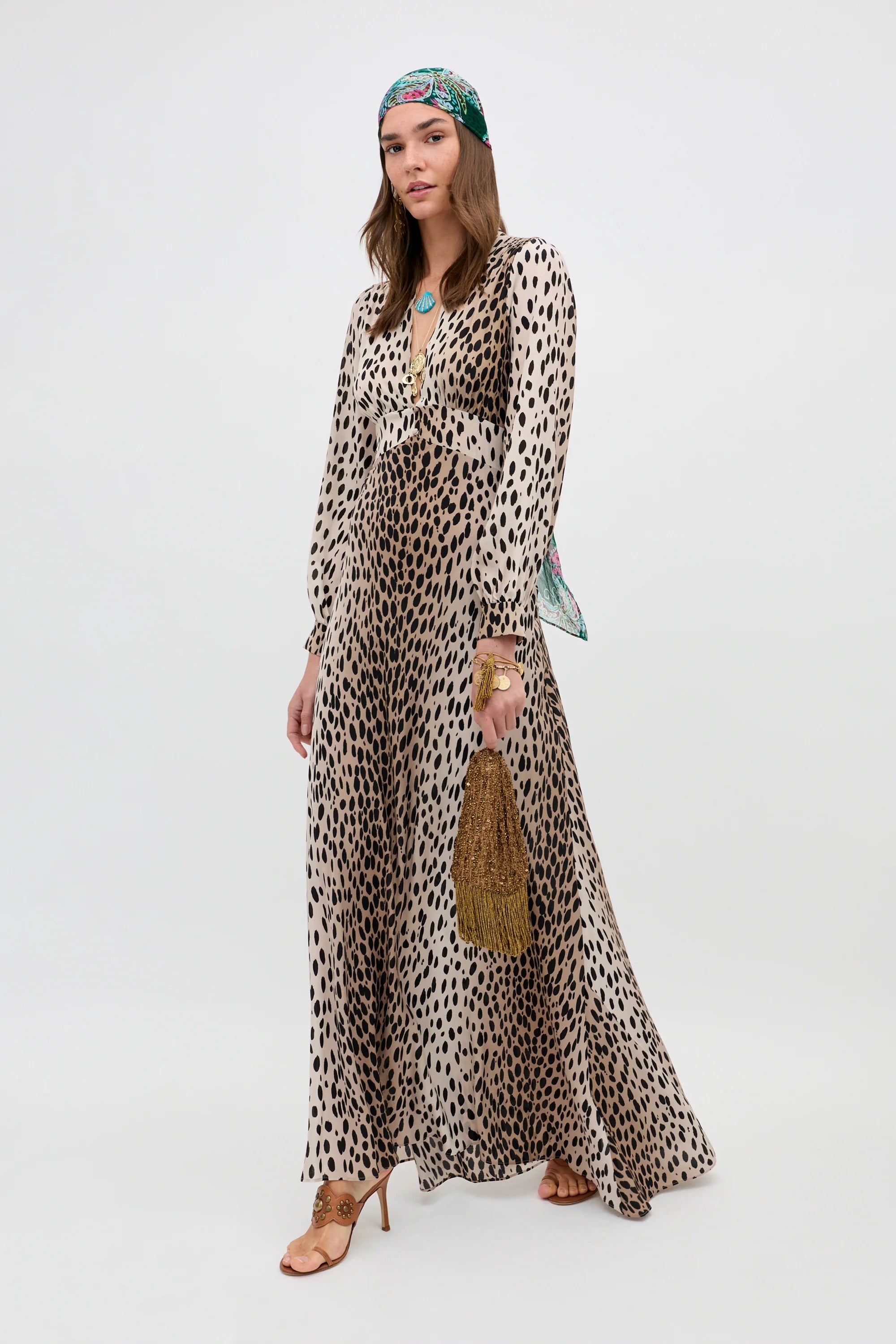 Emory Silk Gown in Brown Antelope Spot Black