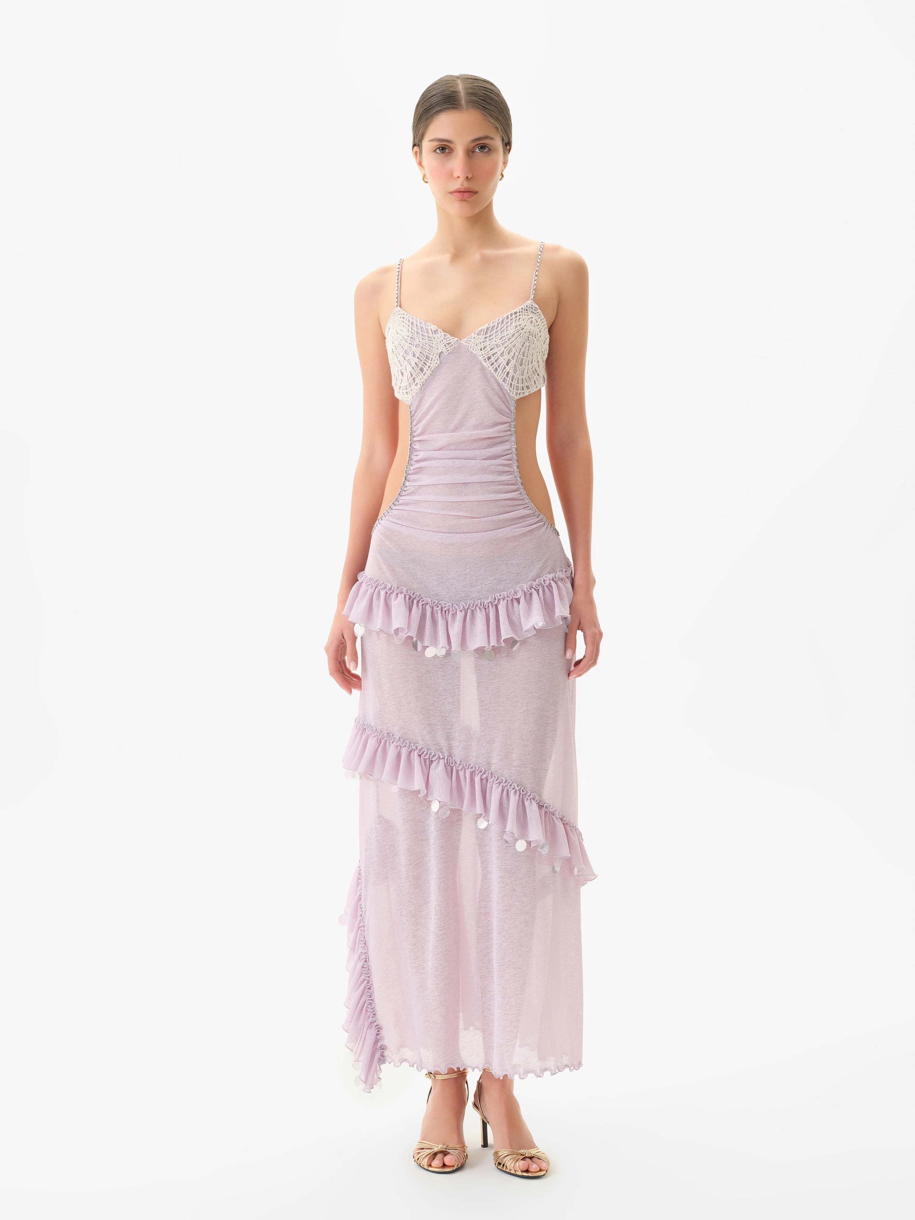 Crochet Bust Detailed Embellished Sheer Mesh Dress