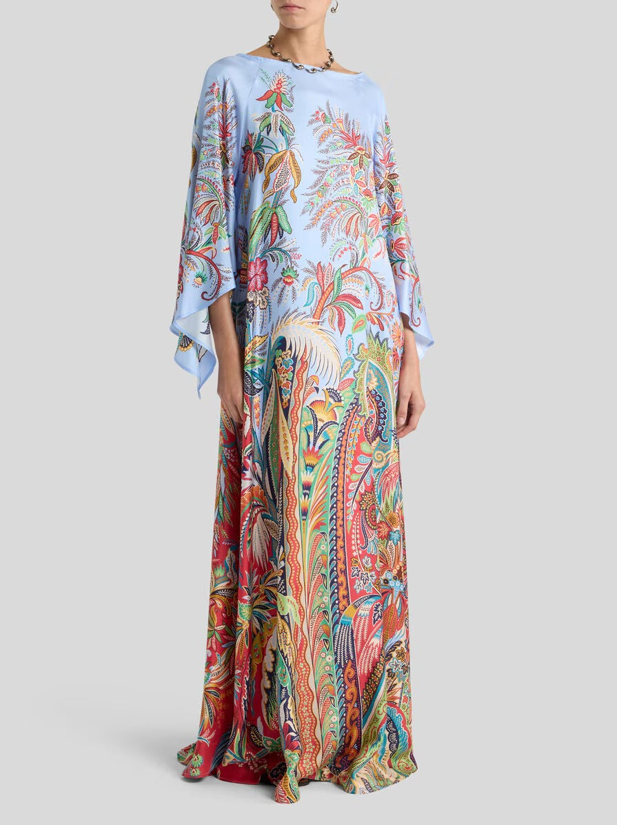 LONG TWILL DRESS WITH PLACED PAISLEY FOLIAGE PRINT