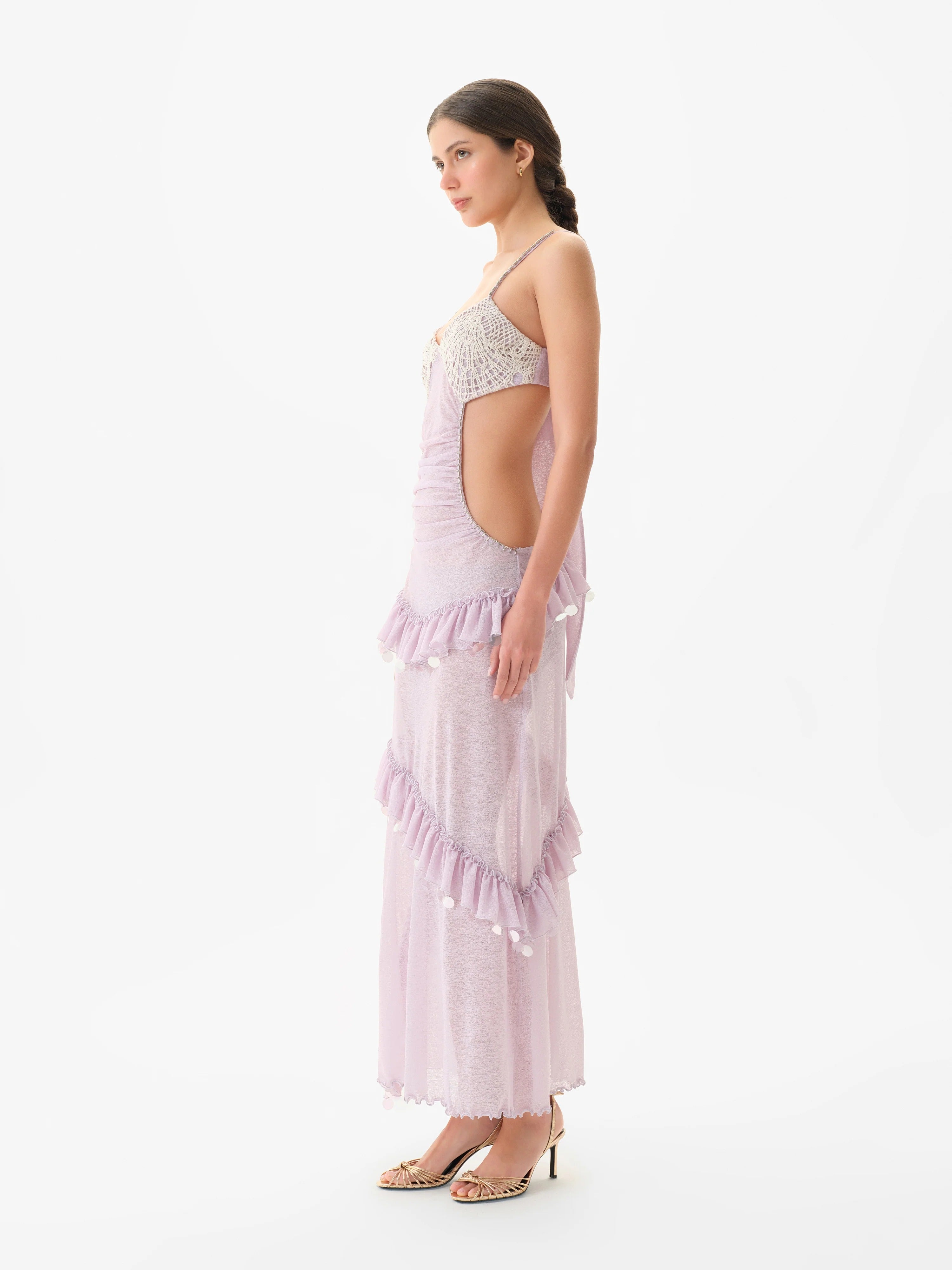 Crochet Bust Detailed Embellished Sheer Mesh Dress