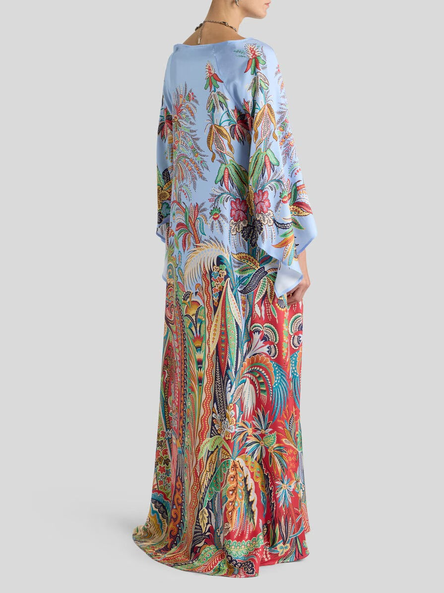 LONG TWILL DRESS WITH PLACED PAISLEY FOLIAGE PRINT
