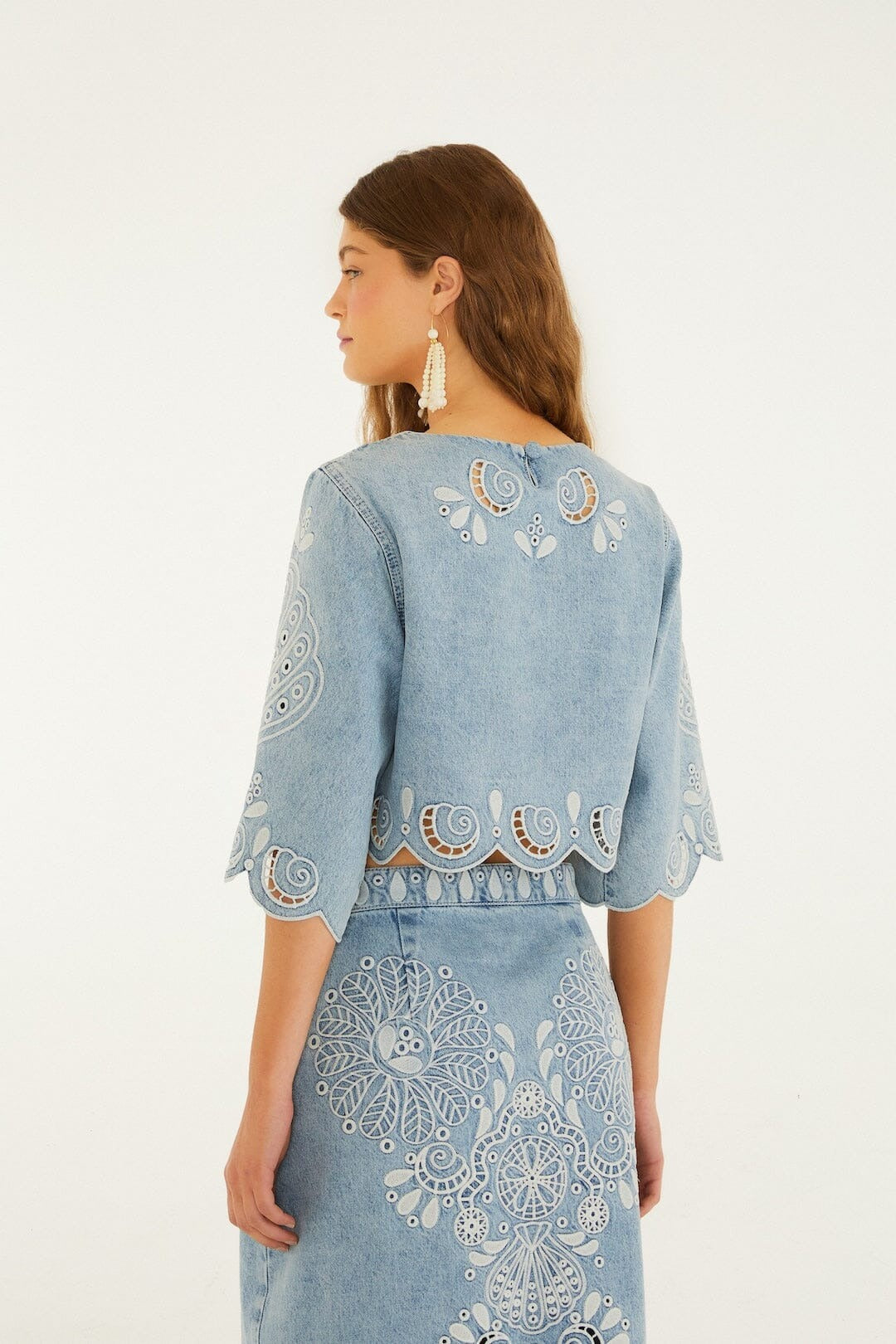 Denim Richelieu Kimono Sleeves Cropped Blouse & Wavy Hem Midi Skirt Set