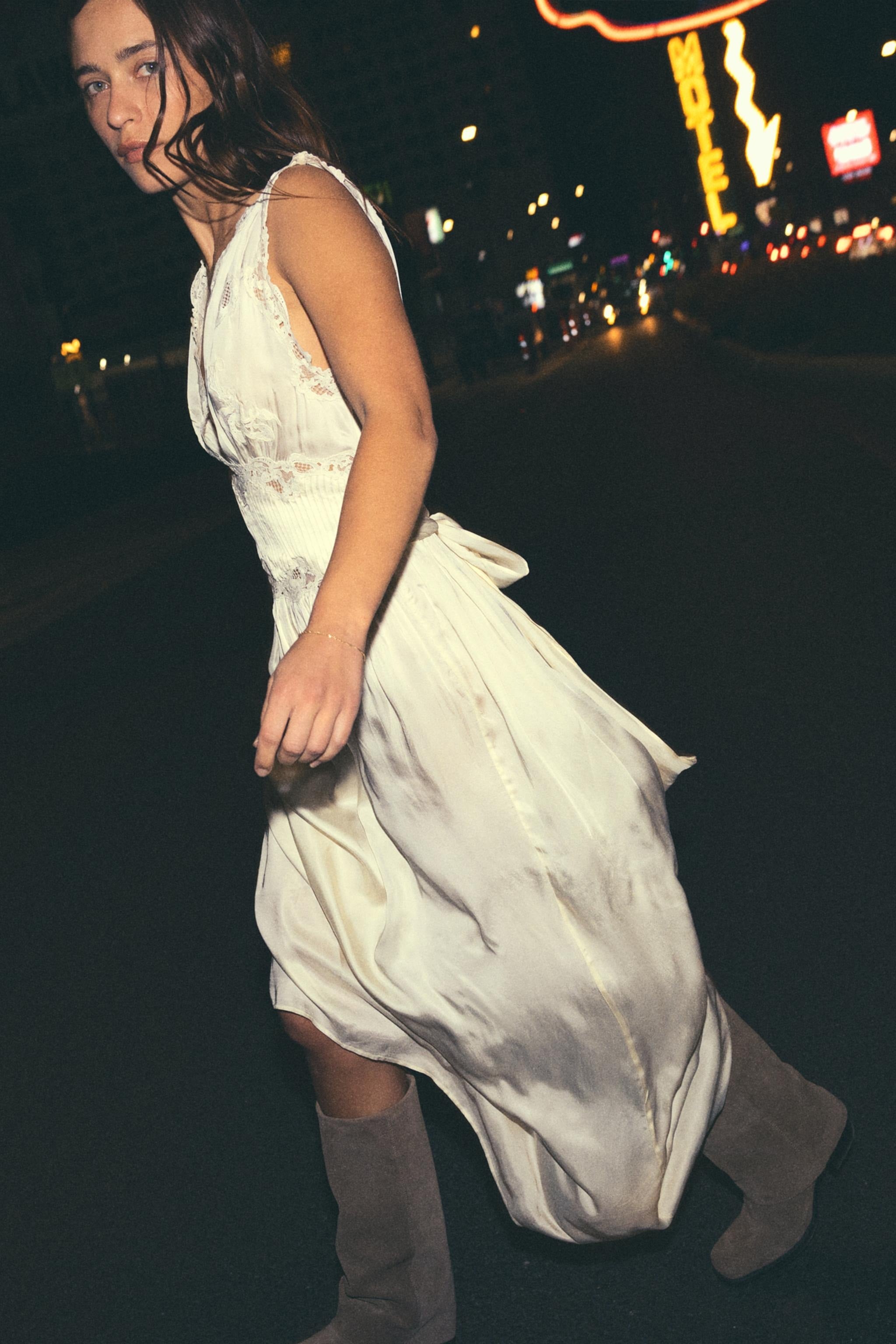 LIMITED EDITION SATIN EFFECT PLEATED LACE DRESS