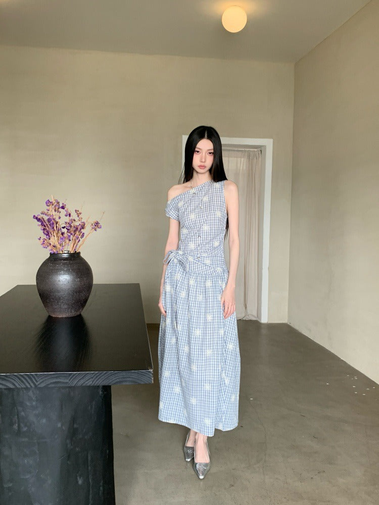 One-Shoulder Twist Asymmetric Embroidered Maxi Dress