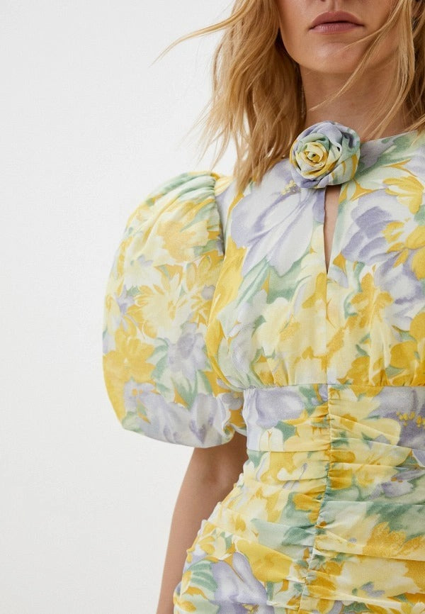Floral Puff Sleeve Ruched Mini Dress