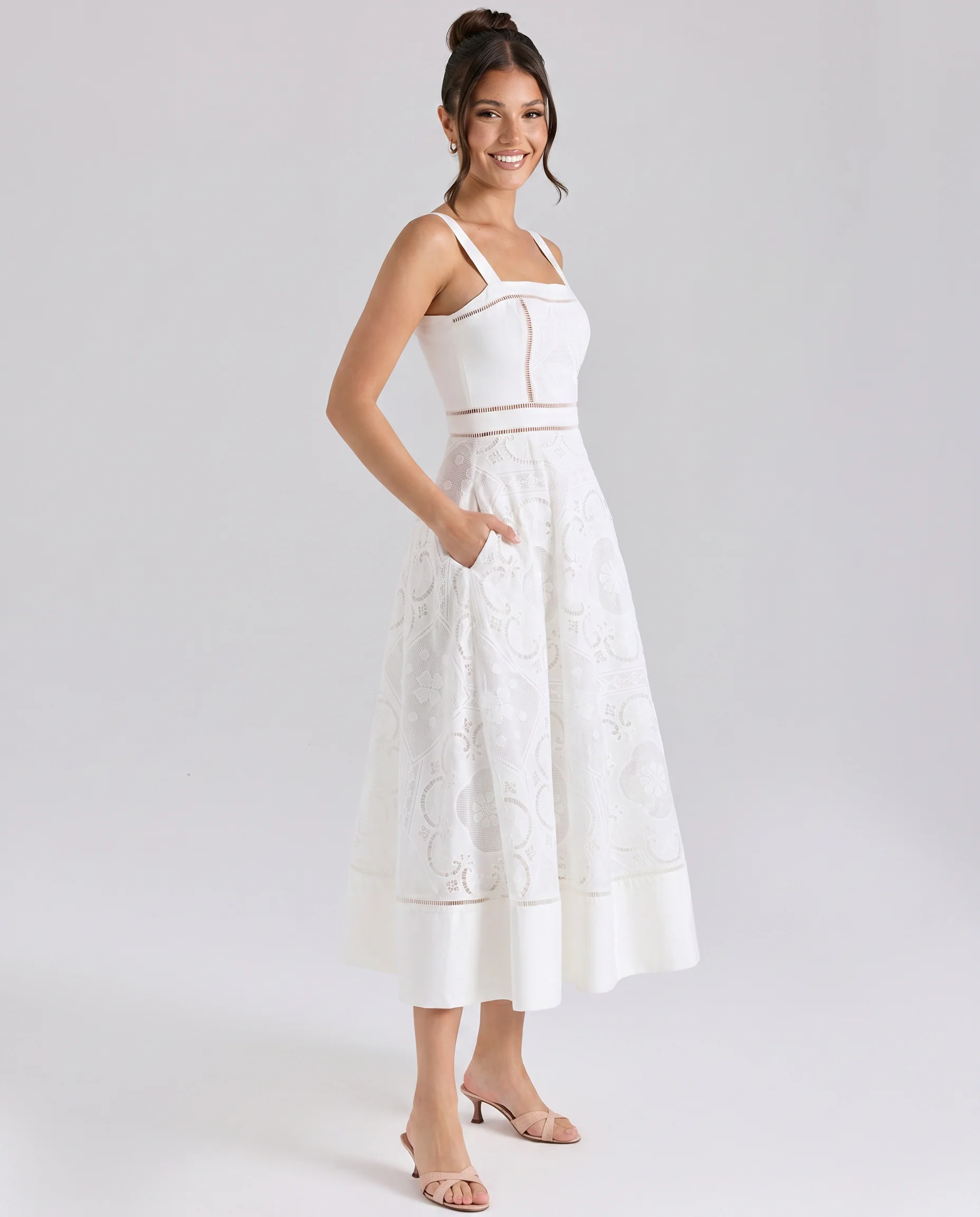 Clarabelle Midi Dress with Square Neck and Open Back