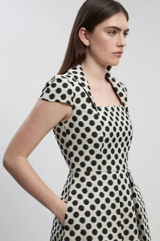 KarenMillen Spot Jacquard Square Neck Tailored Full Skirted Midi Dress
