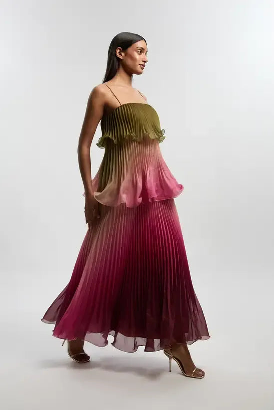 KarenMillen Pleated Slub Organdie Peplum Woven Maxi Dress