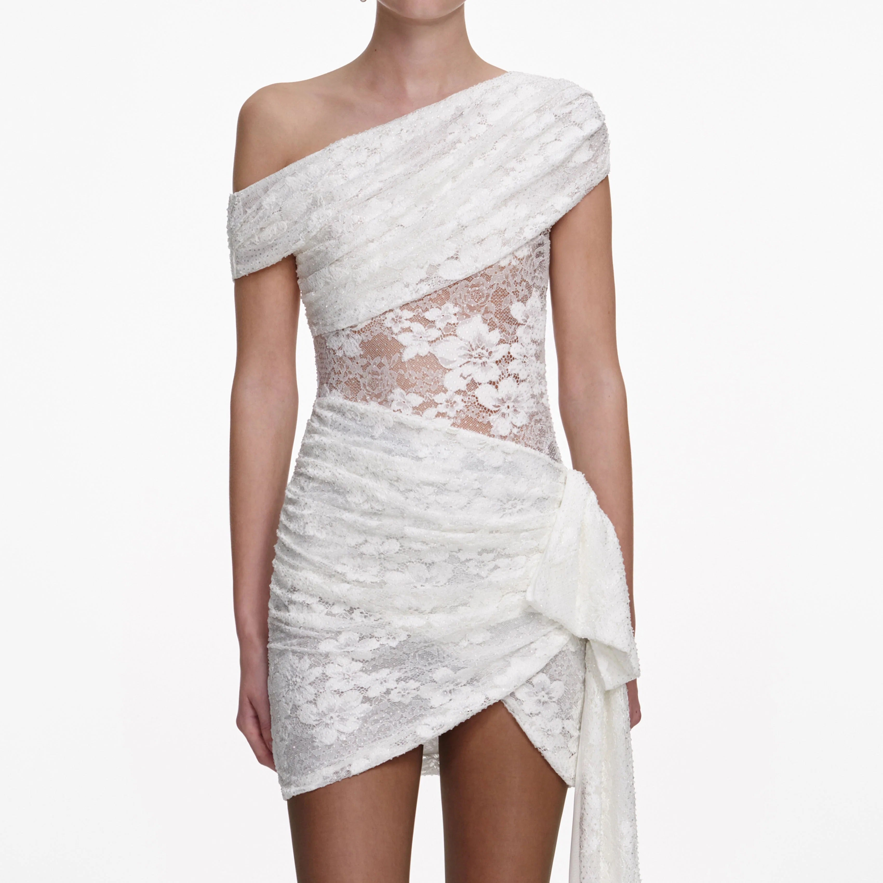White Rhinestone Lace Tie Side Mini Dress