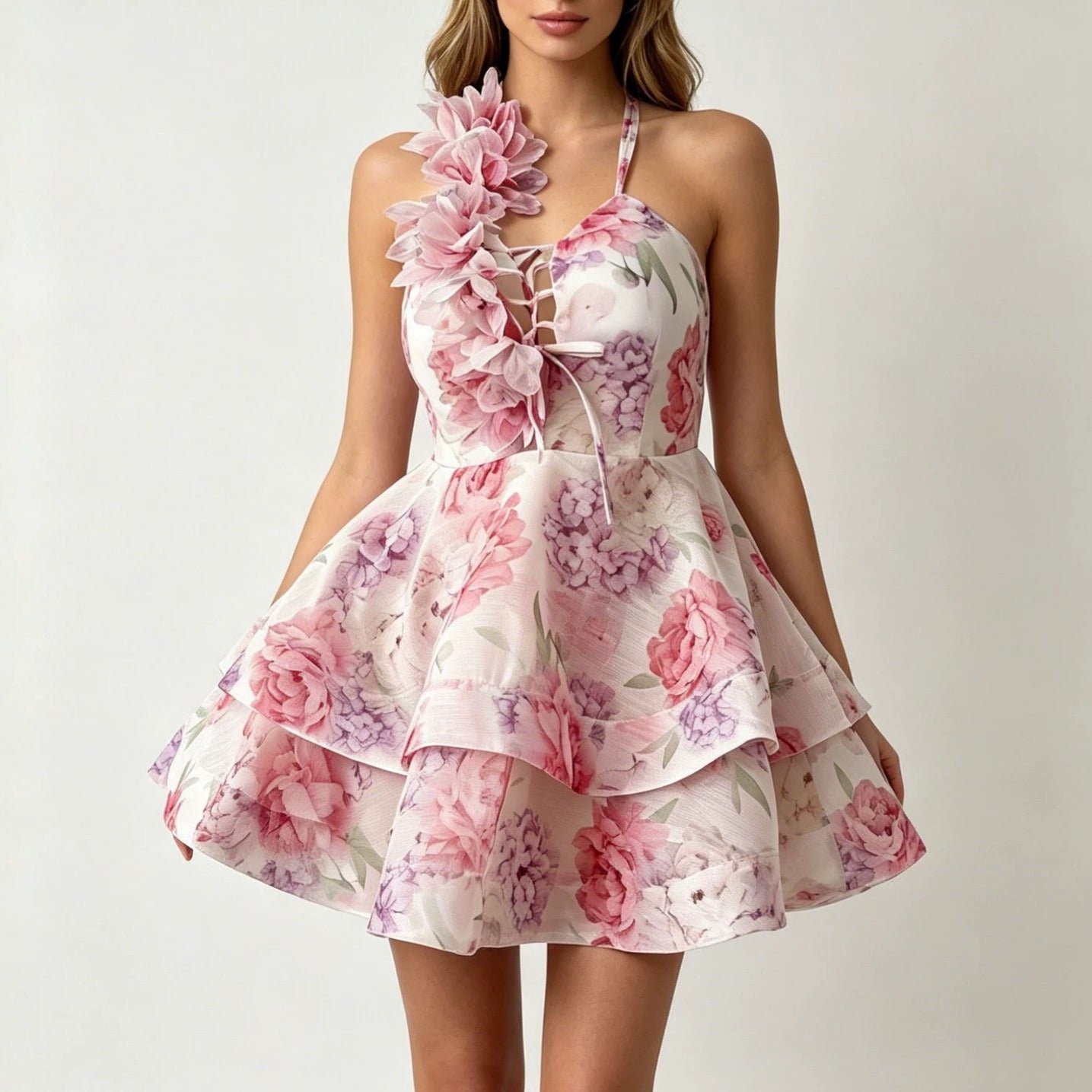 Pink-Purple Floral Print 3D Flower Halter Lace-Up Tiered Skater Mini Dress