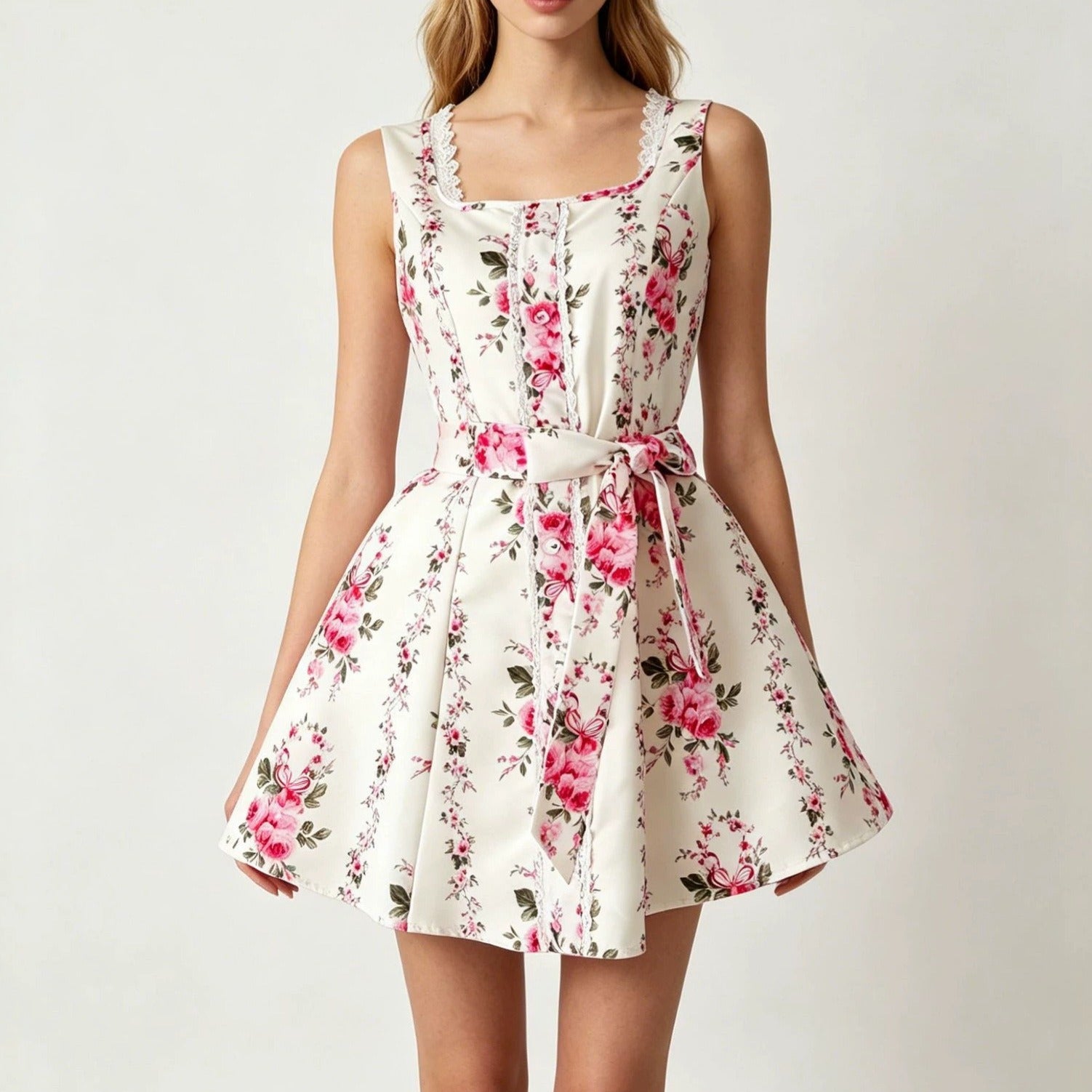 Off-White Rose Print Lace Trim Square Neck Sleeveless Waist Tie Skater Mini Dress