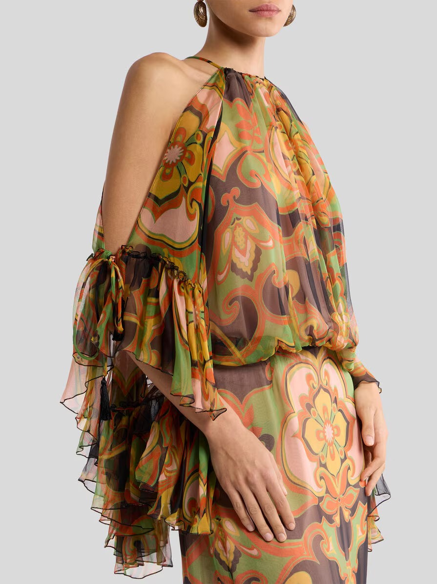 LONG SILK DRESS WITH RUFFLES AND PLACED FLORAL PRINT
