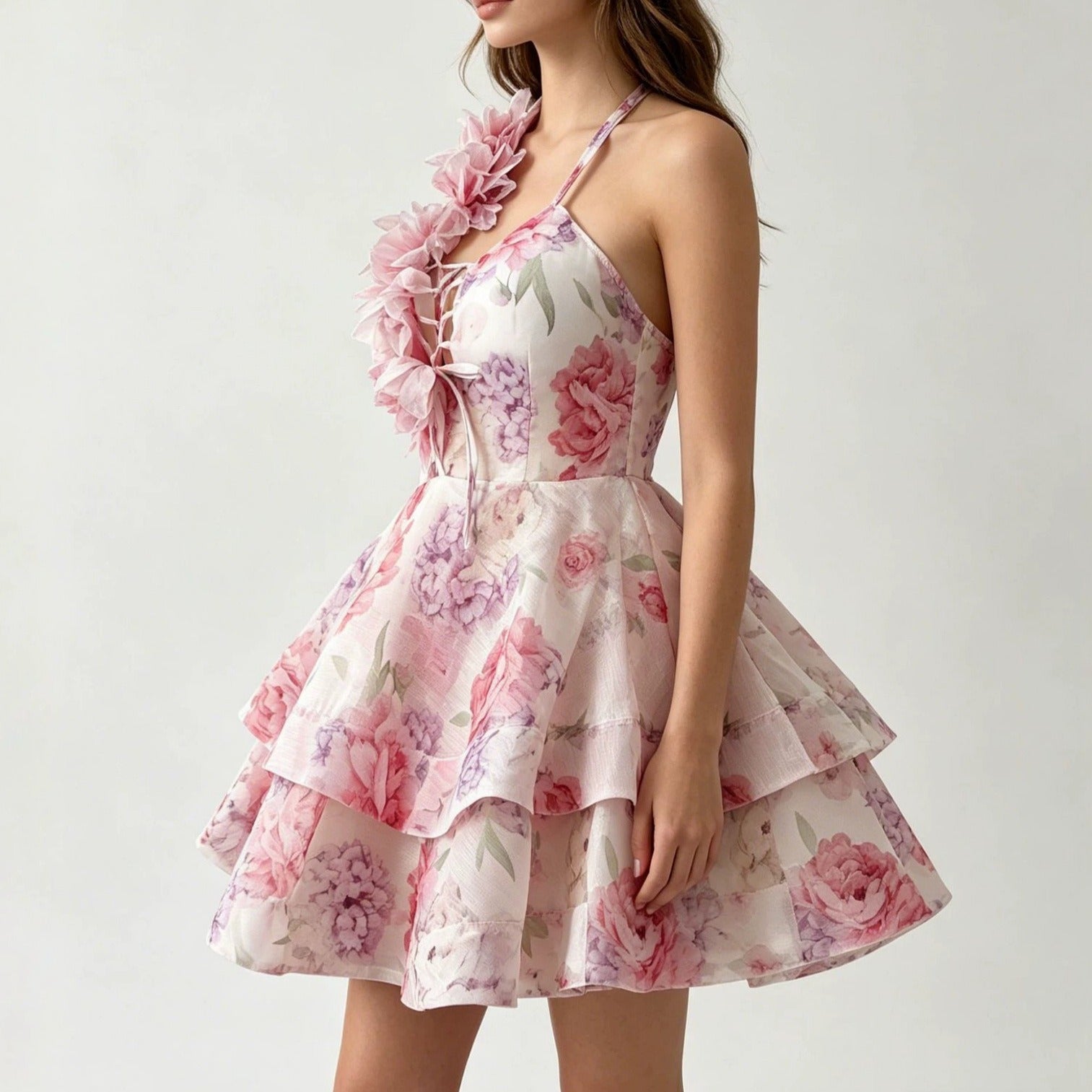 Pink-Purple Floral Print 3D Flower Halter Lace-Up Tiered Skater Mini Dress