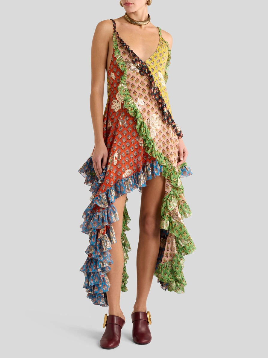 SILK MINI DRESS WITH RUFFLES AND TIE-INSPIRED MOTIF
