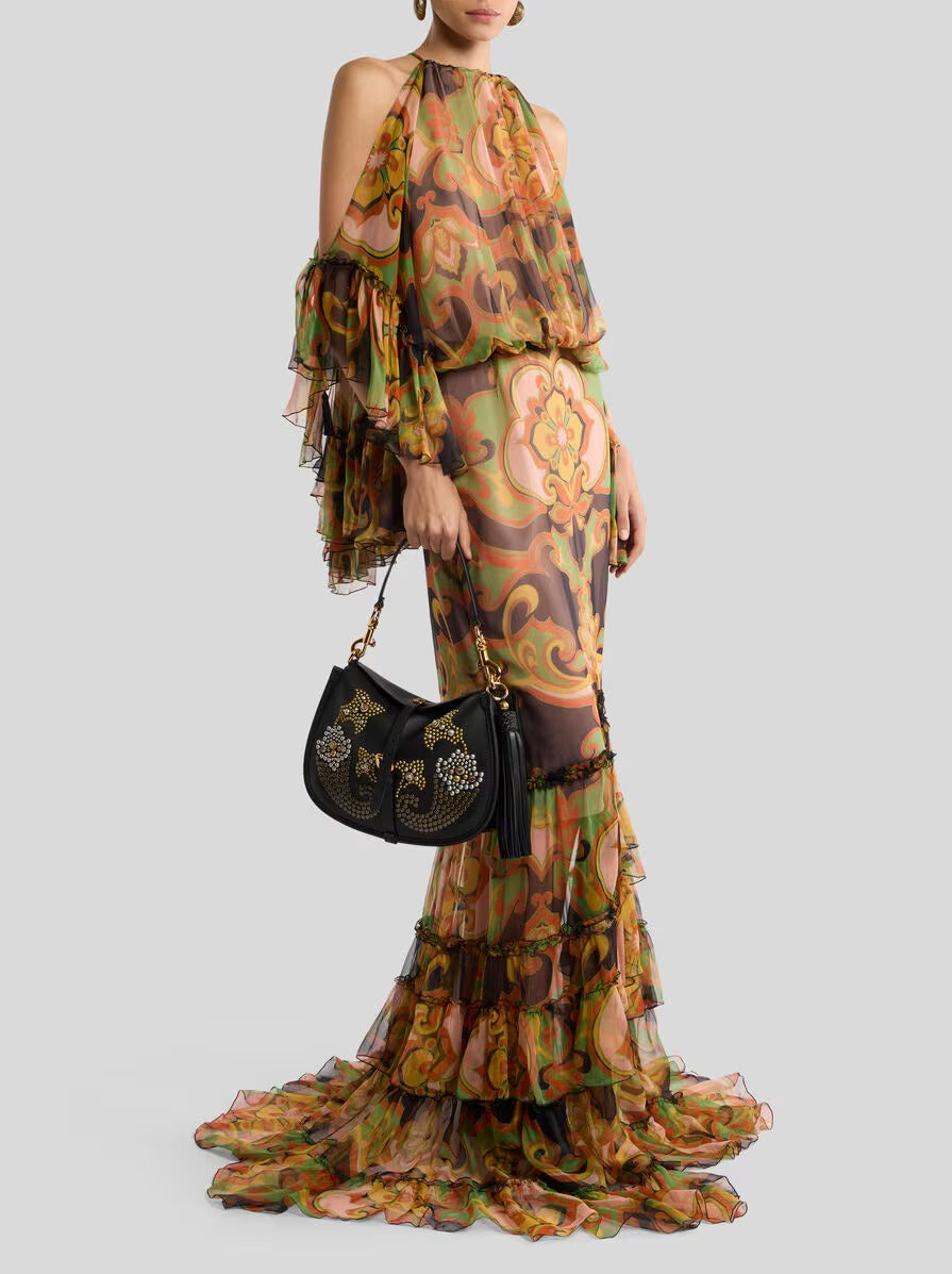 LONG SILK DRESS WITH RUFFLES AND PLACED FLORAL PRINT