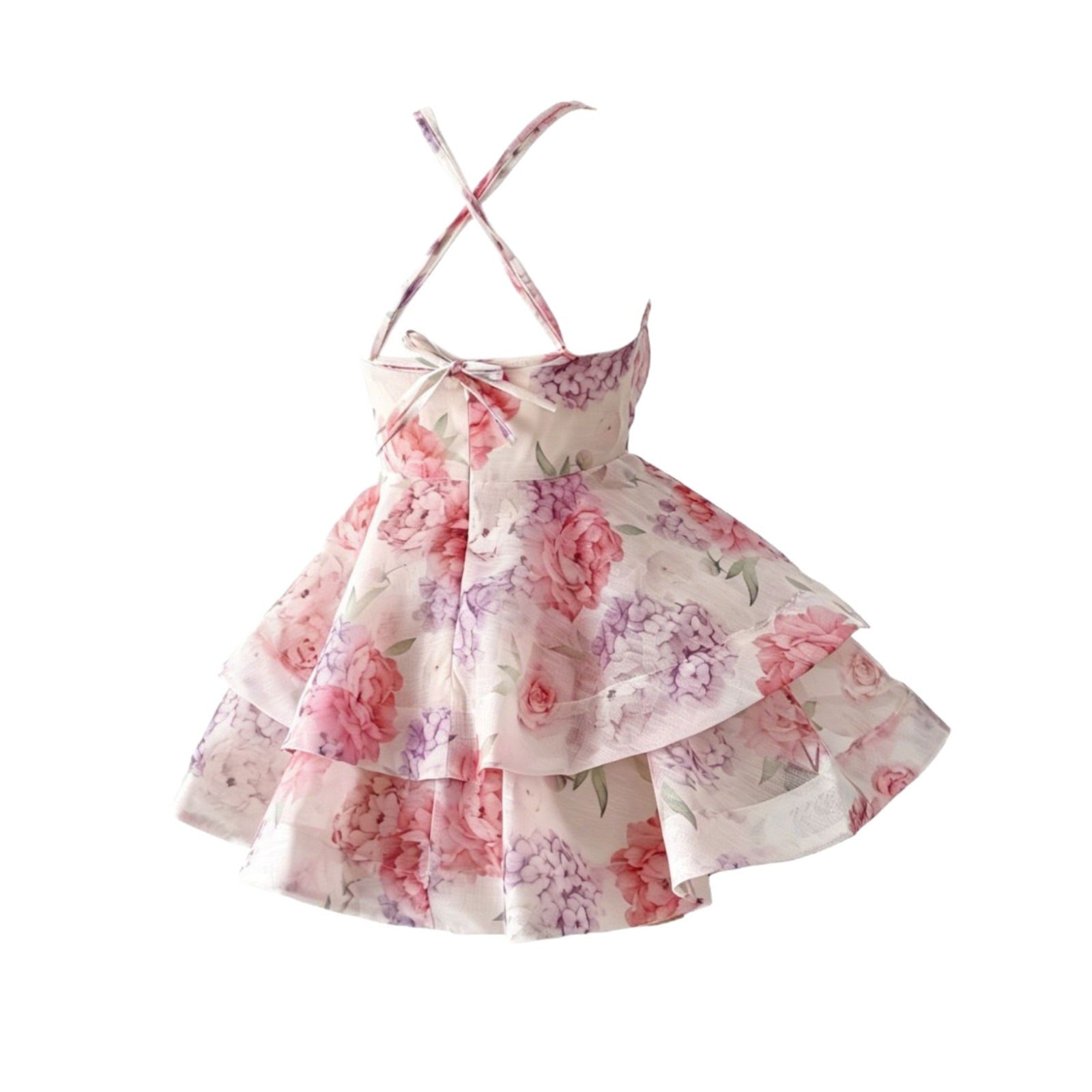 Pink-Purple Floral Print 3D Flower Halter Lace-Up Tiered Skater Mini Dress